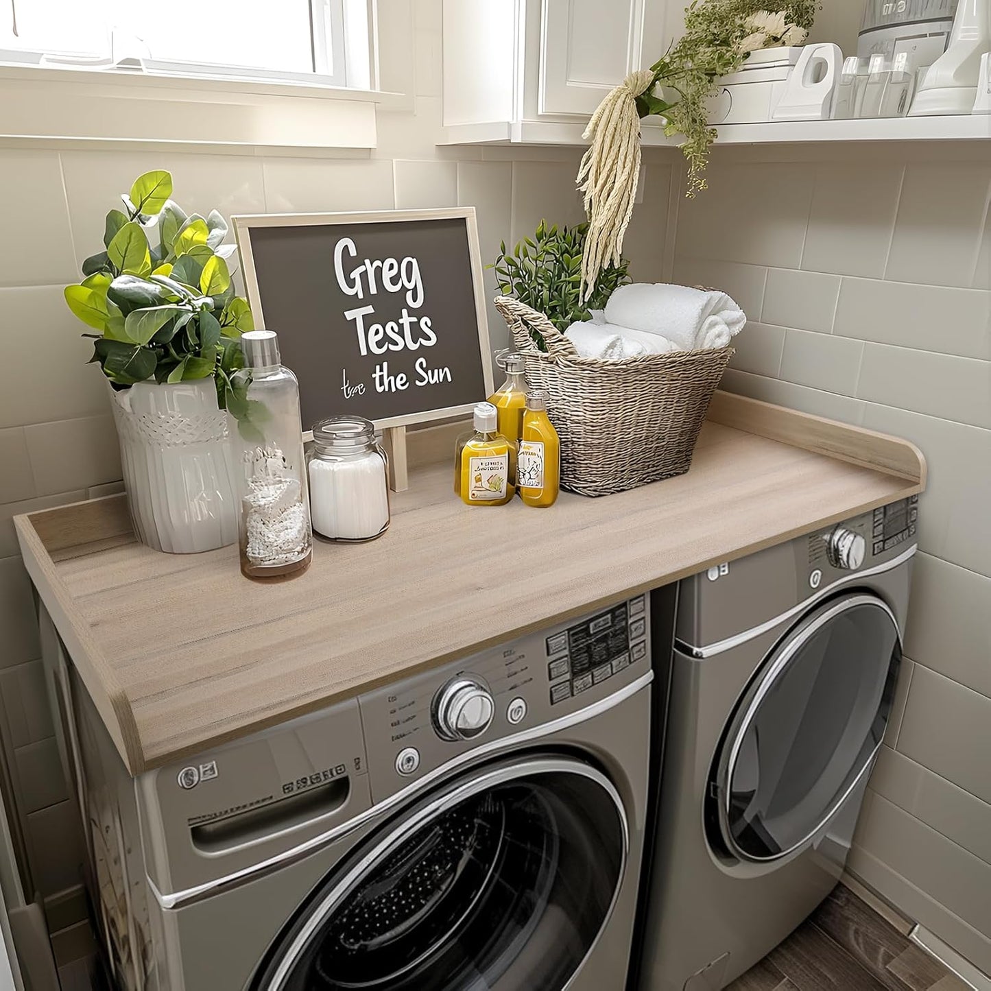Kaboon Washer Dryer Countertop 58" x 28" Extra Large Version, Melamine Countertop with 3.5" Edge Rails, Laundry Room Organization, Oak(Grey Tone)