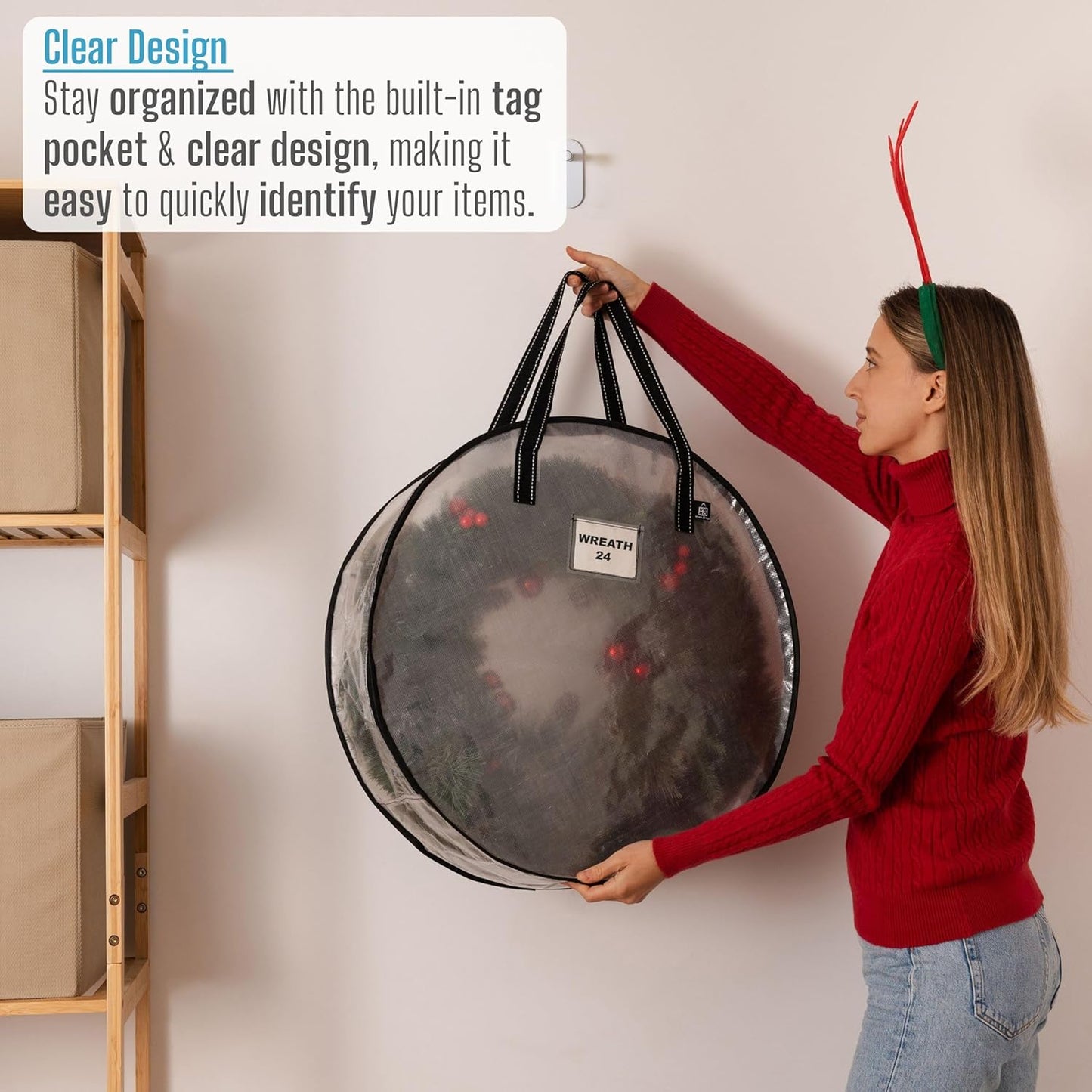 VENO 4 Pack Christmas Wreath Storage Container - 24 Inch Clear Wreath Bag, Christmas Garland and Holiday Decoration Organizers with Zipper and Durable Handles (Clear, 24"-4 Pack)