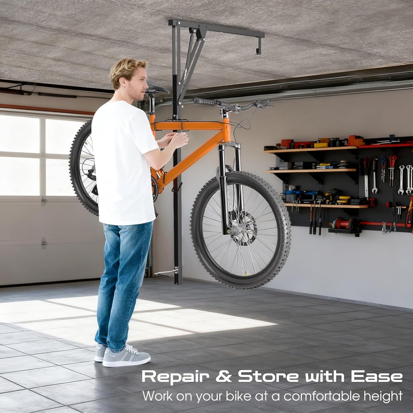 Vanesa Hydraulic Bike Ceiling Mount for Garage - Heavy Duty Pull Down Bike Hanger, Folding Overhead Bike Storage Hoist Holds Up to 66 lbs, Space Saving Bicycle Mount for Garage/Indoor
