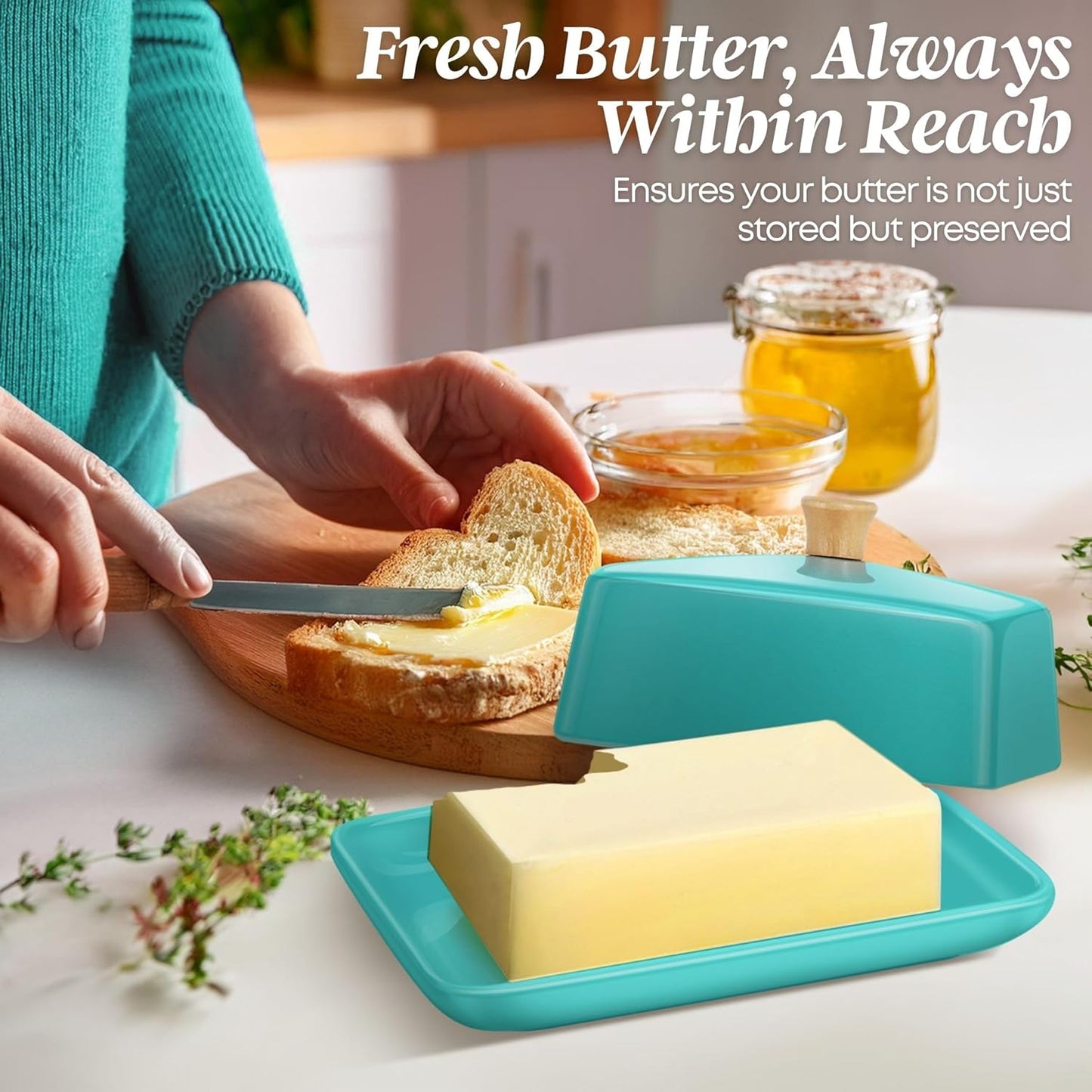 Flexzion Ceramic Blue European Butter Dish with Lid for Countertop (8 Inch) - Wide 2 Stick Double Butter Holder for Counter, Cream Cheese Container Storage Keeper