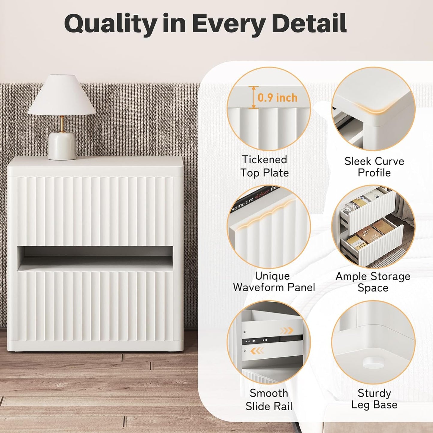 Dripex Fluted Nightstand with 2 Drawers, Large Wide Wood Night Stand Bedside Tables for Bedroom, Mid-Century Modern Storage Bed Side Table, End Tables for Living Room Sofa Couch, White, Set of 2