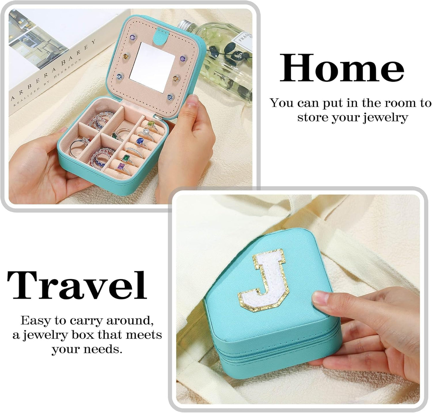Parima Gifts for Mom - Small Travel Jewelry Box, Travel Jewelry Case with Mirror for Necklace Earrings Rings Organizer | Birthday Gifts Christmas Travel Gifts for Mom - Letter F, Aqua Blue