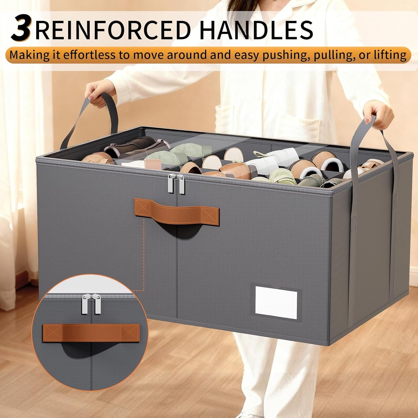 2 Pack Shoe Organizer for Closet, Foldable Shoe Storage Organizer with Clear Cover, Lable and Reinforced Handles, Space Saving Shoes Box Fits up to 20-40 Pairs, Gray