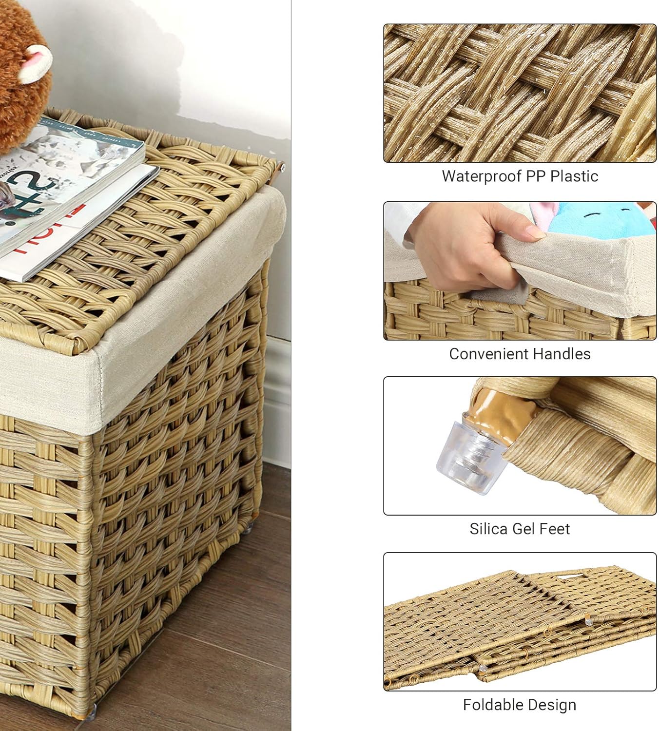 SONGMICS Storage Basket with Lid, Woven Blanket Storage Bin with Handles, Foldable, Removable Liner, Metal Frame, for Bedroom, Laundry Room, 42.3 Gallons (160 L), Natural URST76NL