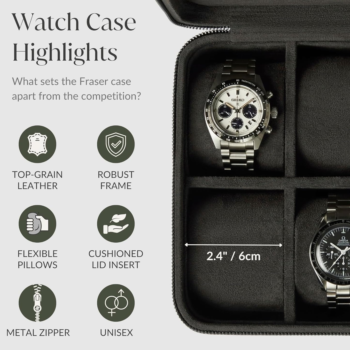 TAWBURY Watch Case - 8 Slot Genuine Top-Grain Leather Watch Box for Men & Women with Extra Wide Pillows for Large Watches - Portable Wristwatch Storage for Home & Travel (Black)