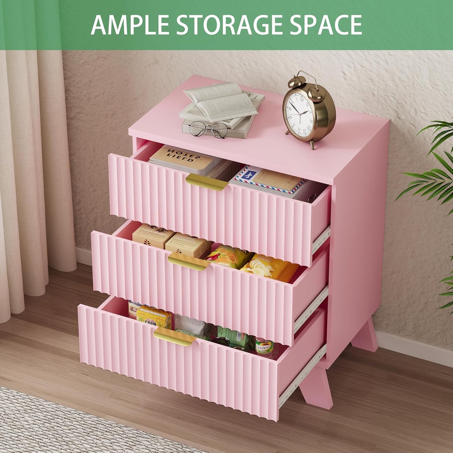Fluted Nightstand, 24" Wide Side Table with 3 Large Storage Drawers, Mid Century Modern Wood Night Stand with Metal Handle, Wooden Bedside End Table for Bedroom, Living Room, Closet, Pink