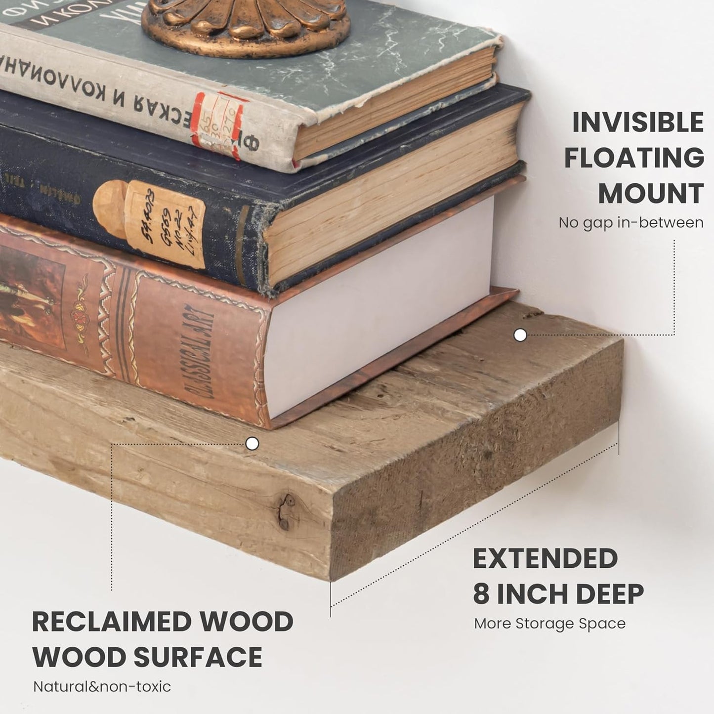 Solid Wood Floating Shelves, 8" Deep Rustic Reclaimed Barnwood Wall Hanging Floating Shelf with Invisible Heavy-Duty Metal Bracket | Wall Mounted | Farmhouse Style | 55 inches,1PC,Natural