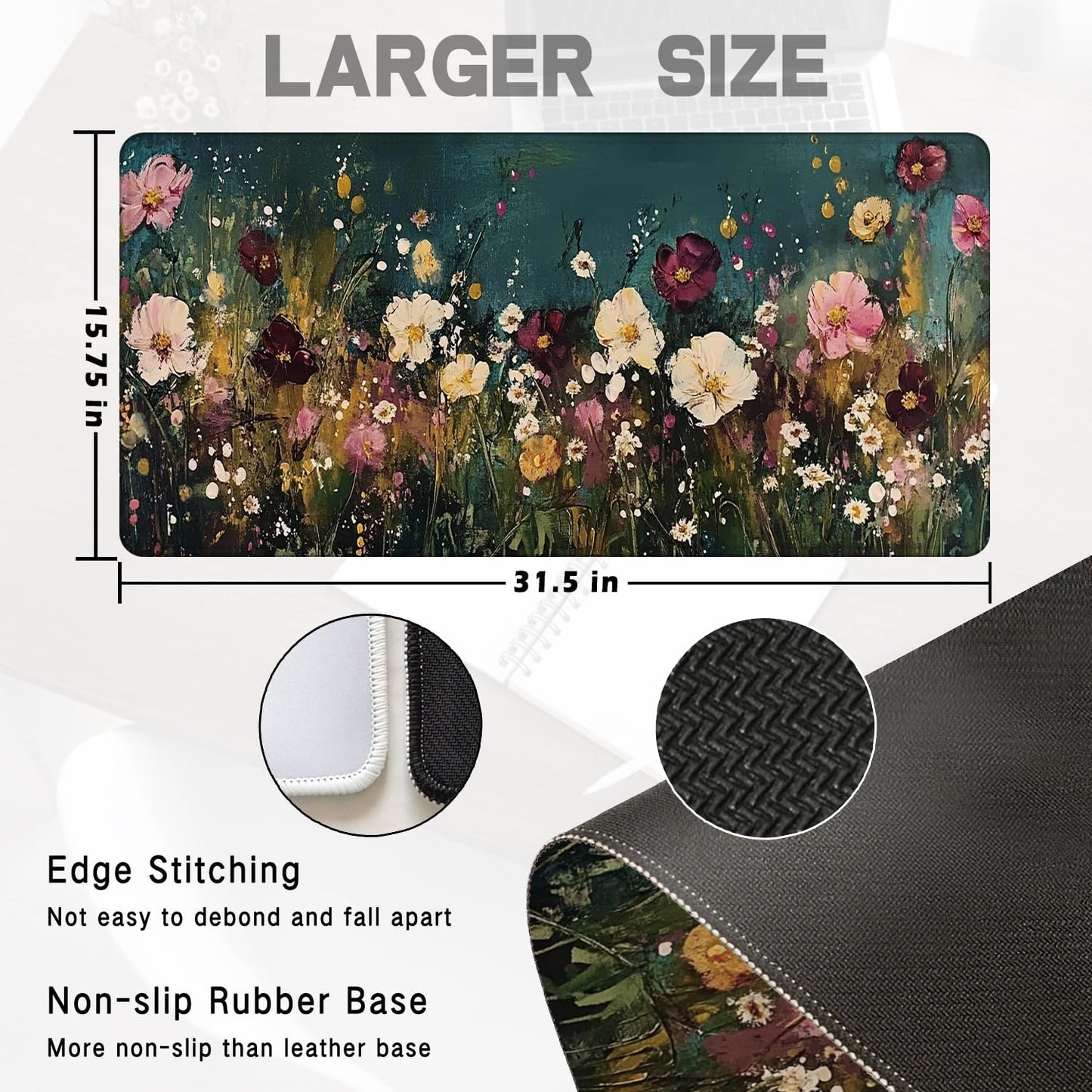 Vintage Wildflower Large Mouse Pad 31.5x15.7inch, Retro Floral Large Extended Computer Desk Mat Mousepad for Keyboard and Mouse, Floral Desk Accessories
