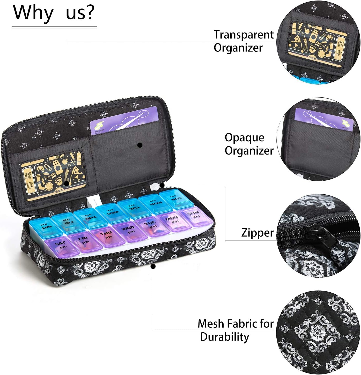 Weekly 7 Day Pill Organizer Case 2 Times a Day (AM/PM), Large Portable Pill Box 7 Day for Vitamin Medicine, Pill Case with Quilted Fabric Zipper Cute Bag for Travel or Daily