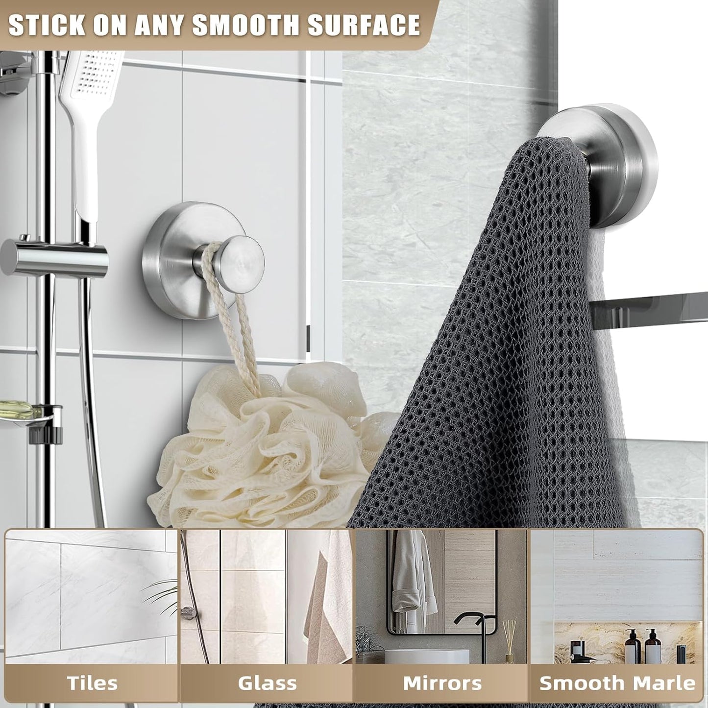 Suction Cup Hooks for Shower No-Drill Bathroom Hooks for Towels, Robes, Loofah Mountable on Bathroom Walls, Kitchen, Glass, Mirrors, Tile and Smooth,Non-Porous Surfaces (2, Brushed Nickel)
