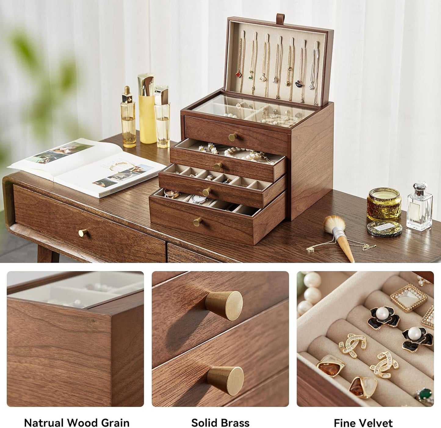 CHOSIN Black Walnut Wooden Jewelry Box for Women, Wood Jewelry Organizer 4 Layer with Glass Lid and Pull-out Necklace Storage Layer, for Watch Necklace Ring Earring Storage Christmas Gifts