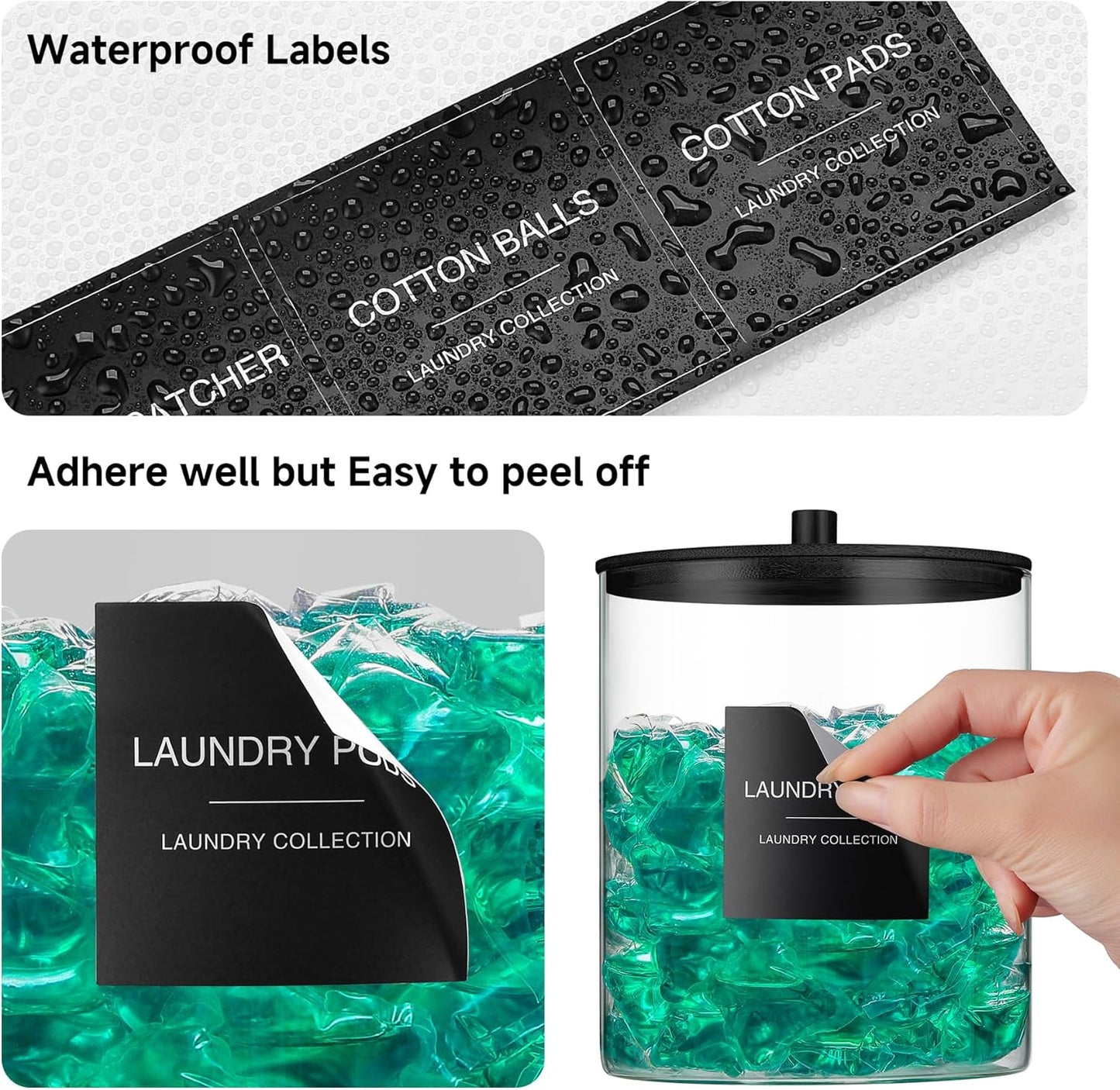 TIPGO Glass Jars for Laundry Room Organization, Laundry Pods Container with 27 Labels, Detergent Holder with Bamboo Lid, Cute Storage Jars, Black (Set of 2)