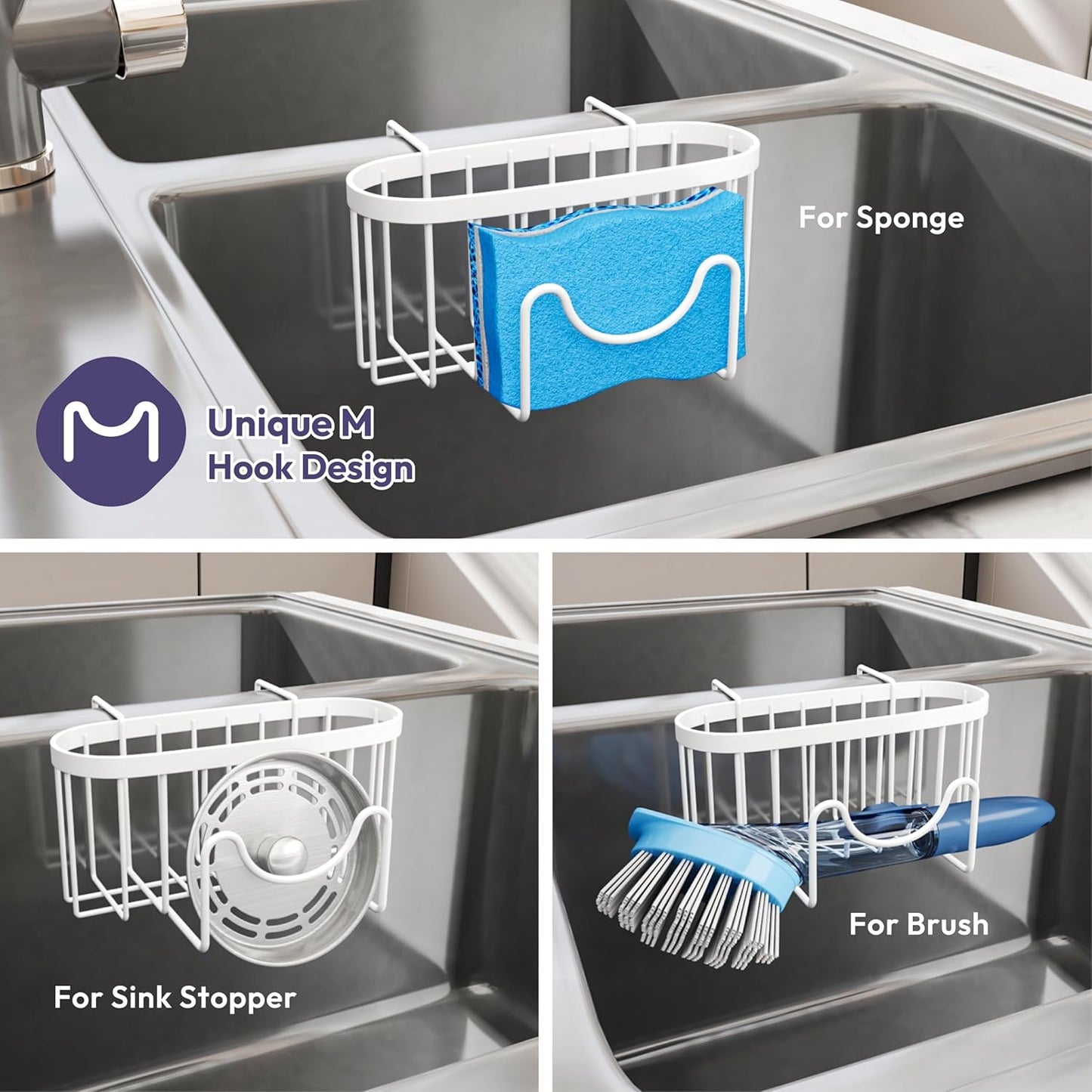 SWTYMIKI Sponge Holder for Kitchen Sink - Movable Kitchen Sink Caddy with M Shape Hook, Stainless Steel Hanging Sponge Caddy for Dish Sponge, Brush, Stopper Organizer in Double Bowl Sink, White