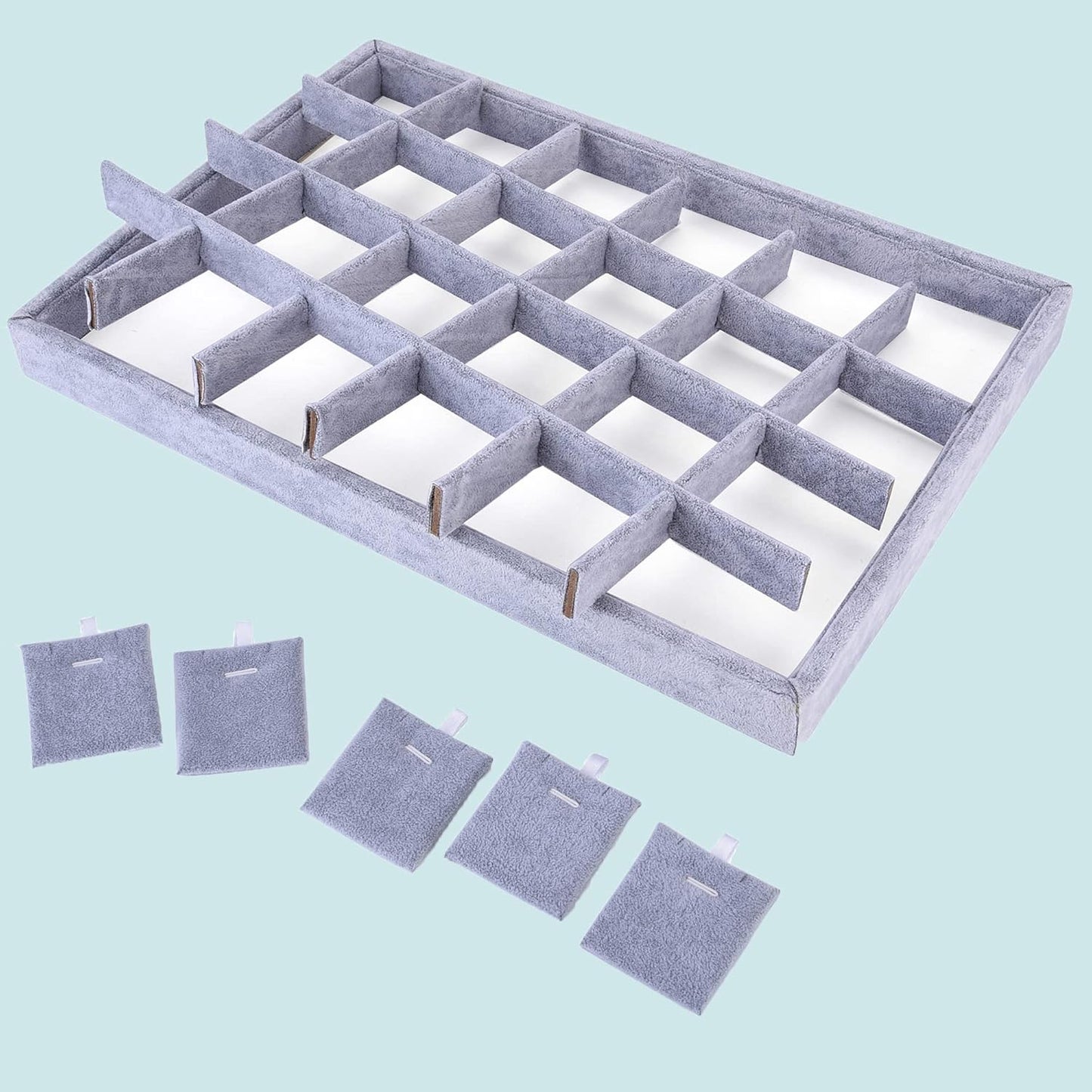 Mornajina 24 Grids Stackable Jewelry Tray Organizer with Removable Dividers, Velvet Jewelry Display Tray for Earrings Necklaces Bracelet Rings Display Showcase - Grey