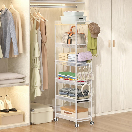 6 Tier Tall Purse Organizer for Closet, Large Capacity Bag Organizer with 12 Hooks, Rolling Purse Rack Stand with Lockable Wheels & Wooden Top, Heavy Duty Handbag Storage Shelf for Bedroom Entryway