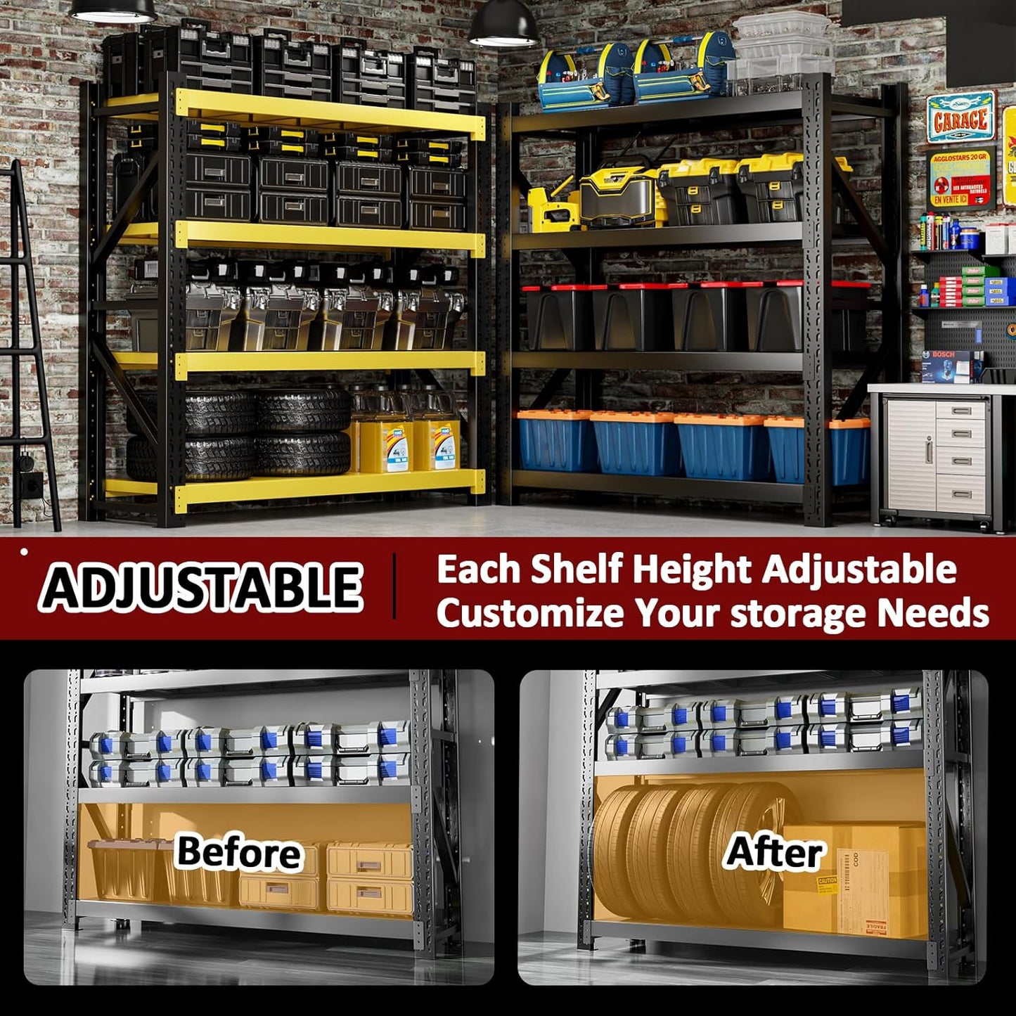 3000LBS Heavy-Duty Garage Shelving, 47" W Metal Shelves, 4-Tier Adjustable Garage Shelving Units, Storage Racks for Warehouse, Workshop
