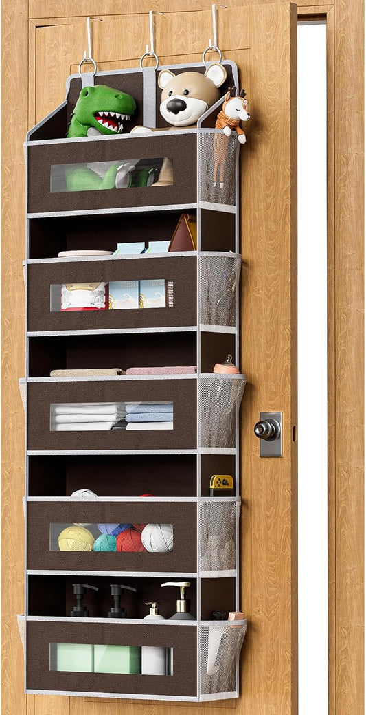 5-Tier Over The Door Storage Organizer with 10 Side Mesh Pockets, 48 lbs Load Capacity, 3 Hooks Design, Door Hanging Organizer with Clear Windows for Bathroom, Bedroom, Nursery, Kitchen-Brown