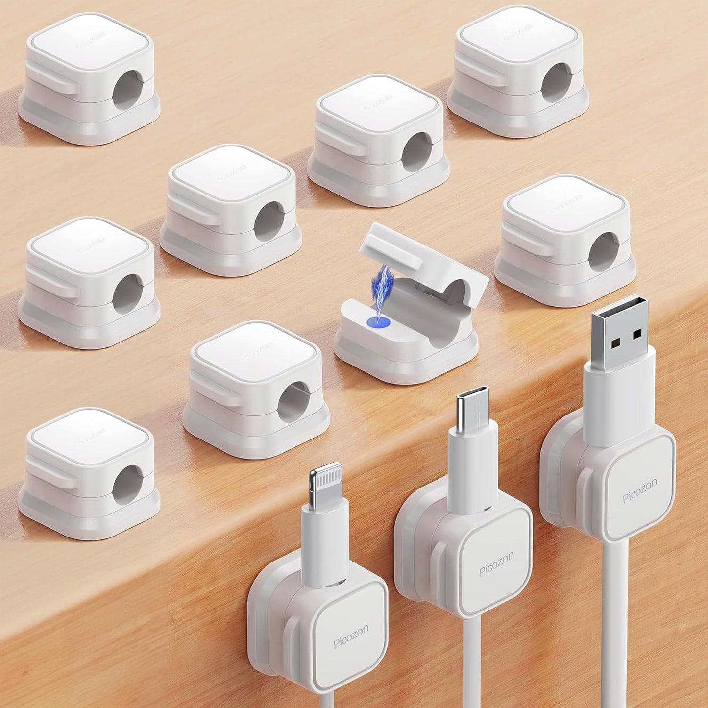 Picozon 12 Pack Magnetic Cable Clip Organizer Cord Holder, Picozon Adhesive Cable Management, Wire Phone USB Charger Cable Holder Keeper Organizer for Car, Office Home Desktop, Wall, Night Table