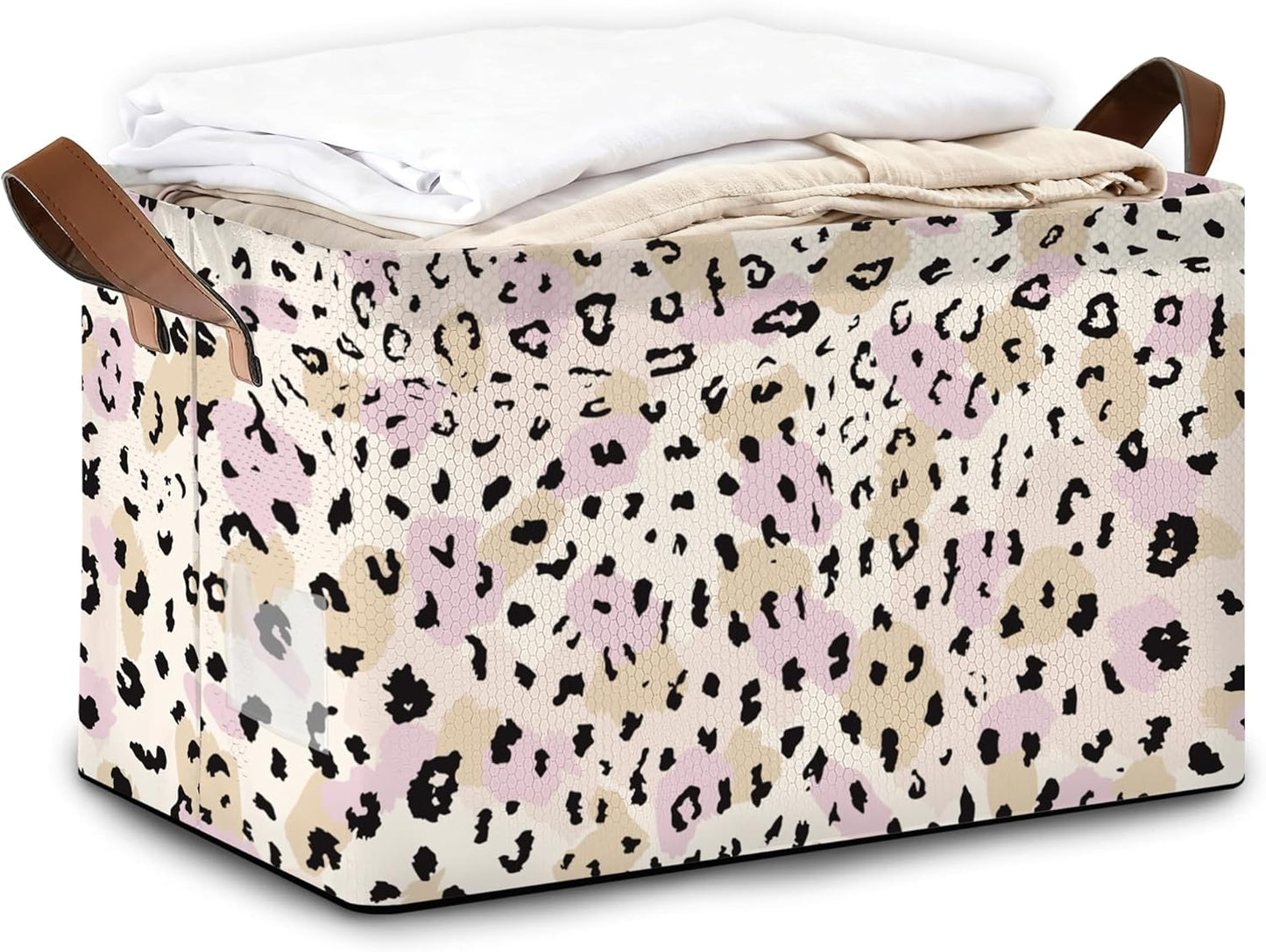 32L Large Storage Bins with Handles, Basket Organizer for Shelves, Closet, Books, Laundry & Home Decor (Pink Leopard Print)