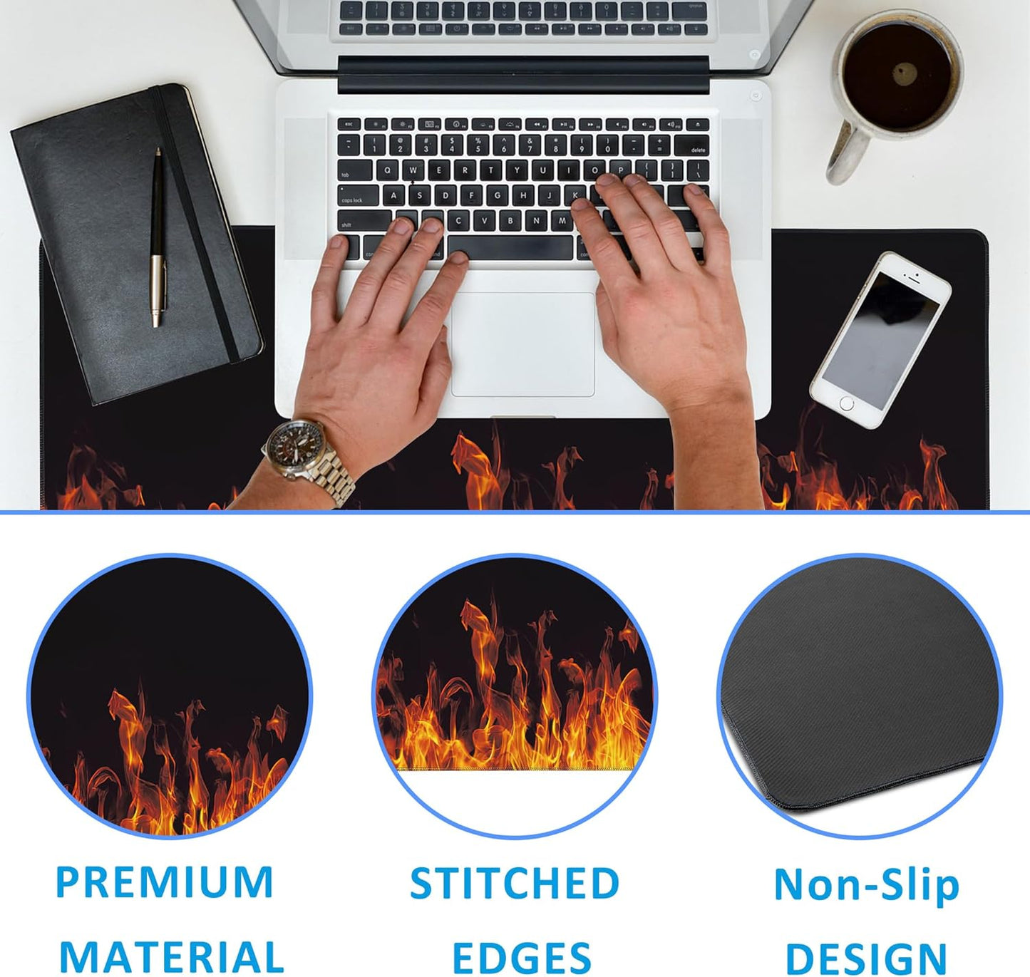 Fire Flames Large Gaming Mouse Pad,Waterproof Desk Mat for Desktop,Non-Slip Rubber Base Mousepad with Stitched Edges for Laptop Office and Home 35.4X15.7 Inch
