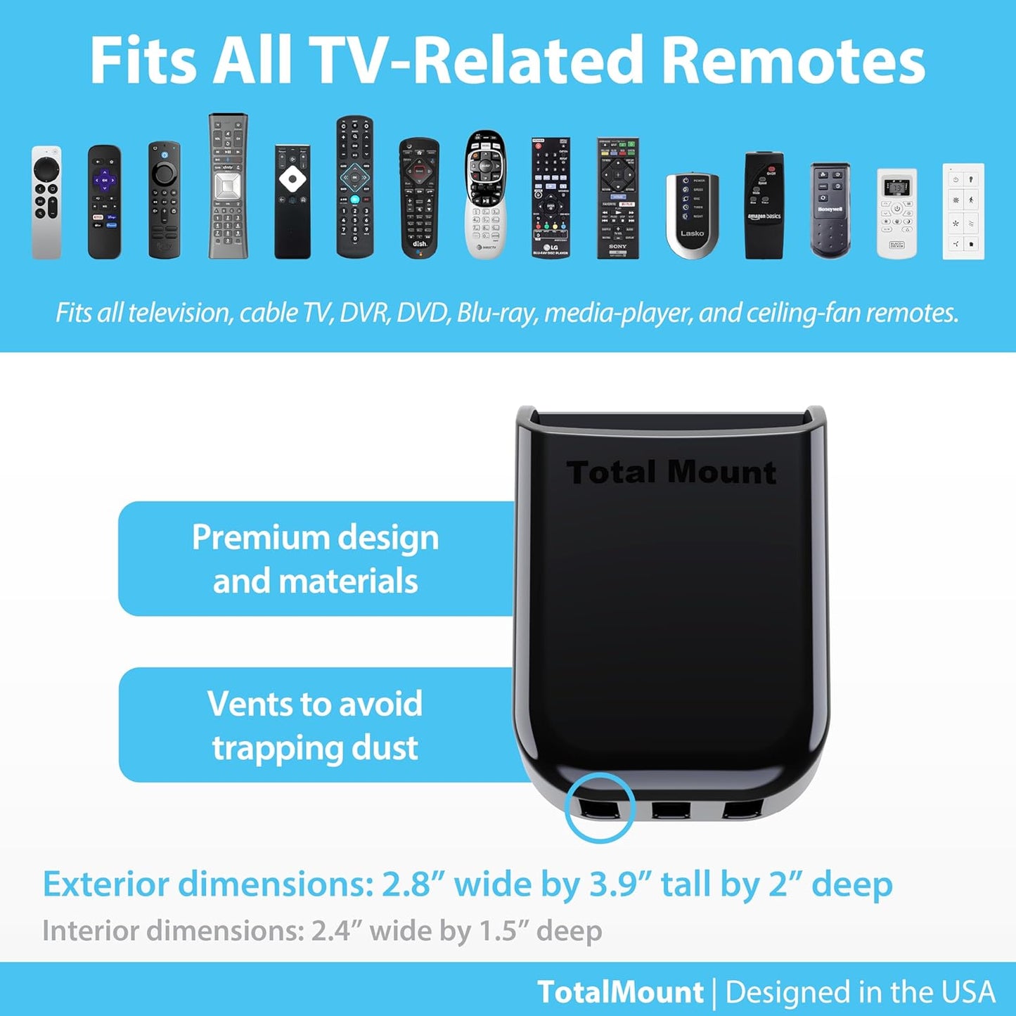 TotalMount Universal Remote Control Holders (2 Pack) – Attach to Wall or Back of TV – Compatible with All TV Remotes (Premium Black, Medium)