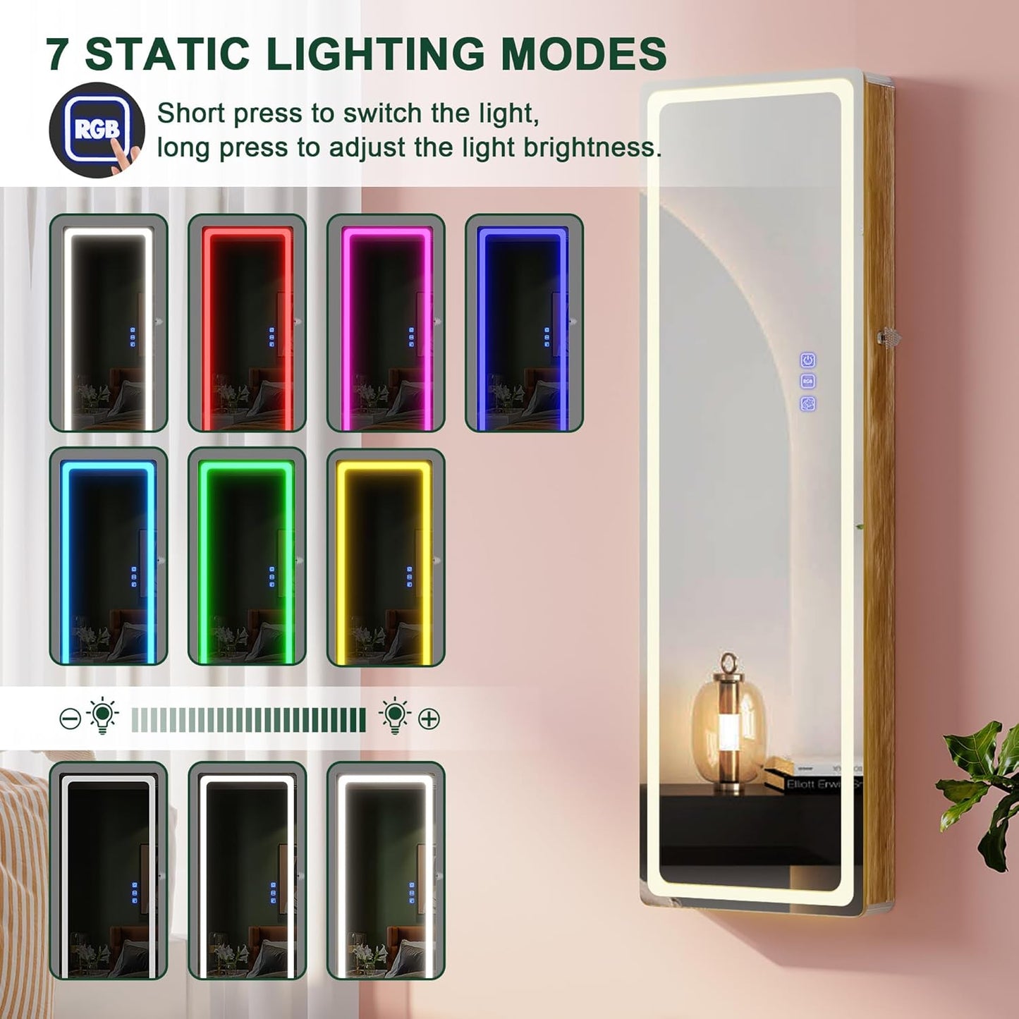 HNEBC LED Mirror Jewelry Cabinet with RGB Lights,47.2" Wall Mounted Jewelry Organizer with Full-Length Mirror,Over The Door Hanging Jewelry Armoire Storage Cabinet,Folding Dresser,2 Drawers,Lockable