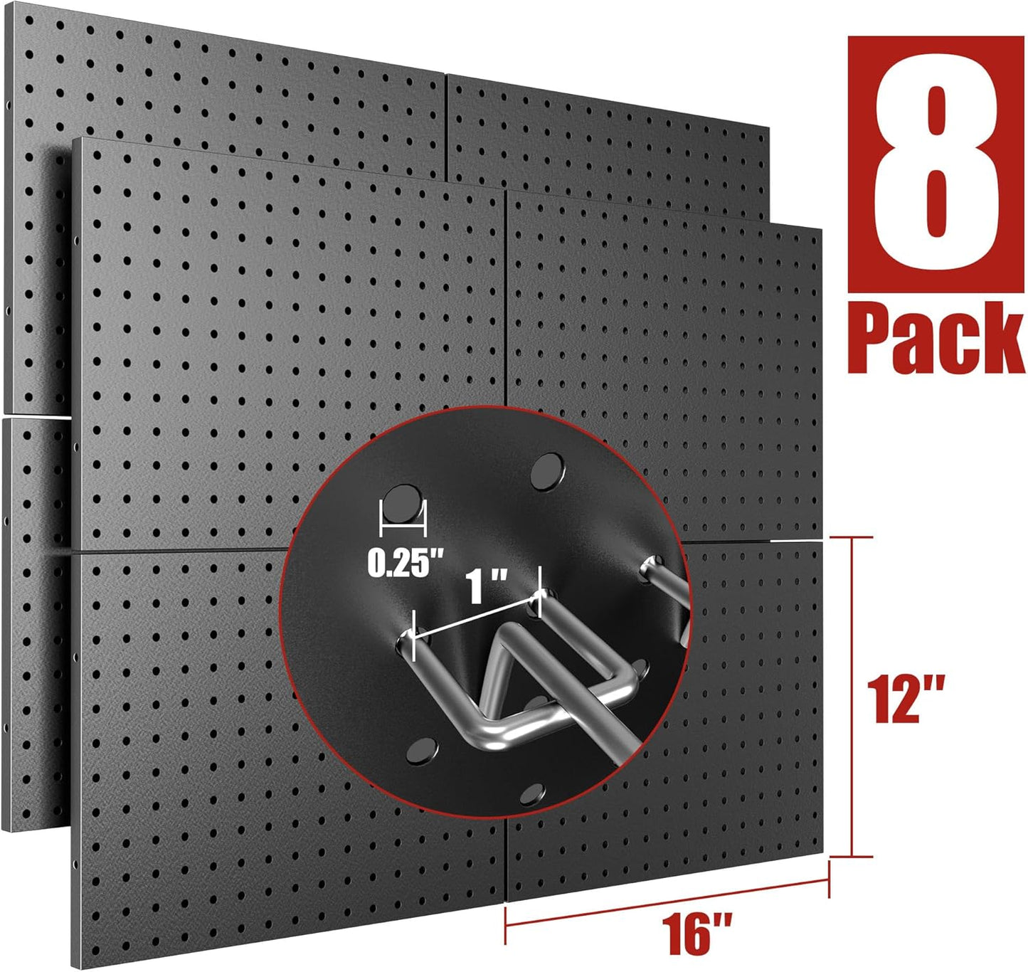 Peg Board 8 Pack Metal Pegboard Panels with 50 Hooks, Heavy Duty Pegboard Wall Organizer, Black Pegboards for Workbench, Garage Tool Storage, Office Organization, Kitchen, Craft Room