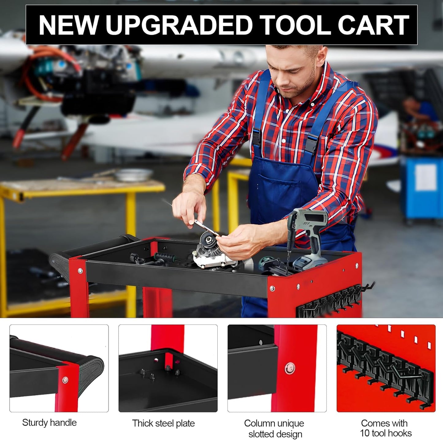 3 Tier Rolling Tool Cart on Wheels, Mechanic Storage Organizer, Rolling Work Cart with Pegboard for Garage, Workshop, Warehouse（Red & Black）
