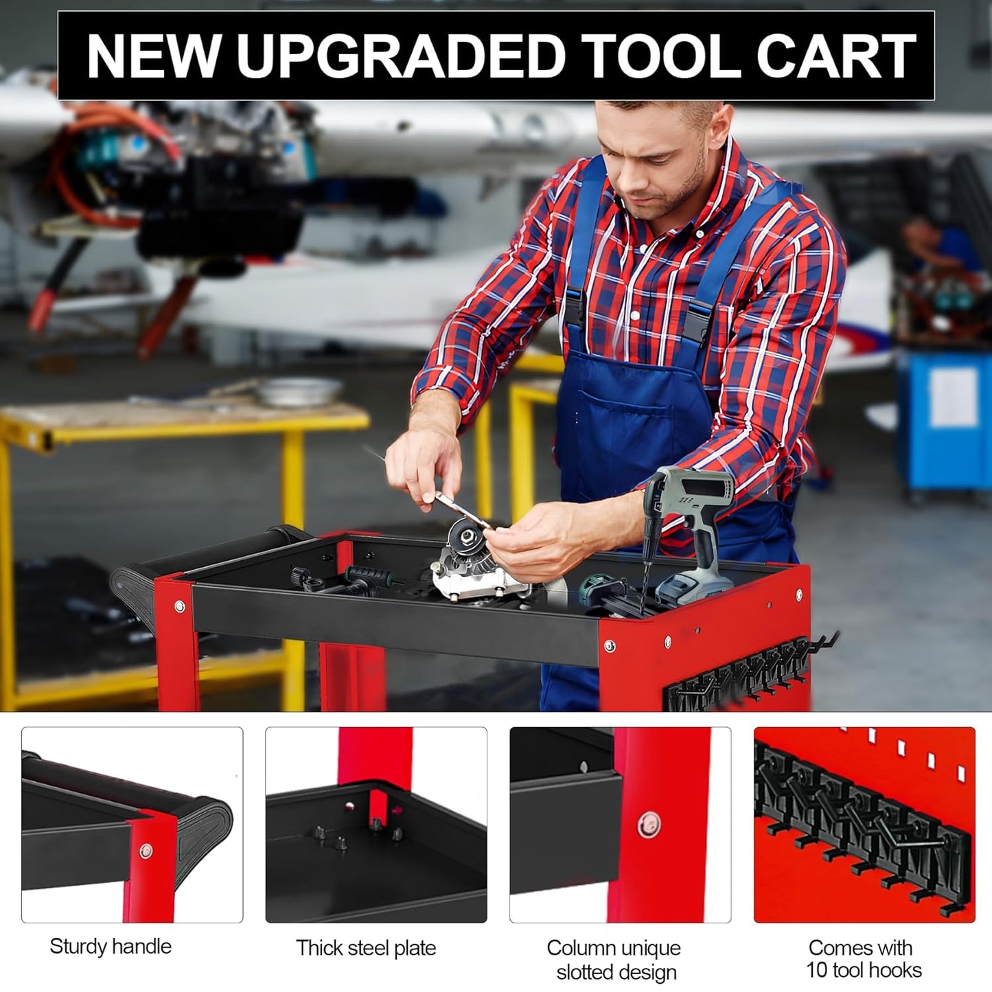 3 Tier Rolling Tool Cart on Wheels, Mechanic Storage Organizer, Rolling Work Cart with Pegboard for Garage, Workshop, Warehouse (Red and Black)