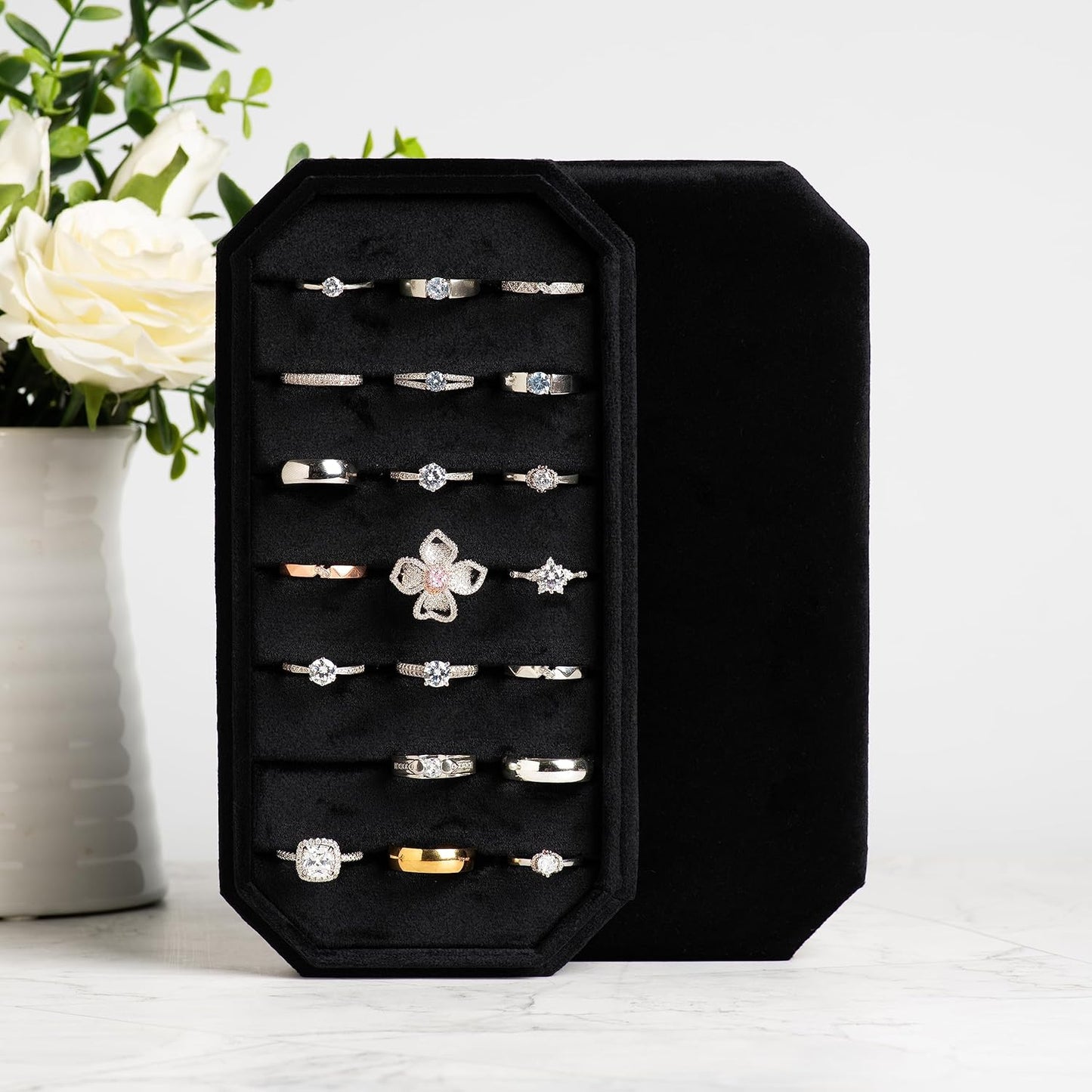 Velvet Ring Organizer Display Tray Jewelry Box Earring Holder Case for Wedding Birthday Christmas Day (Black)