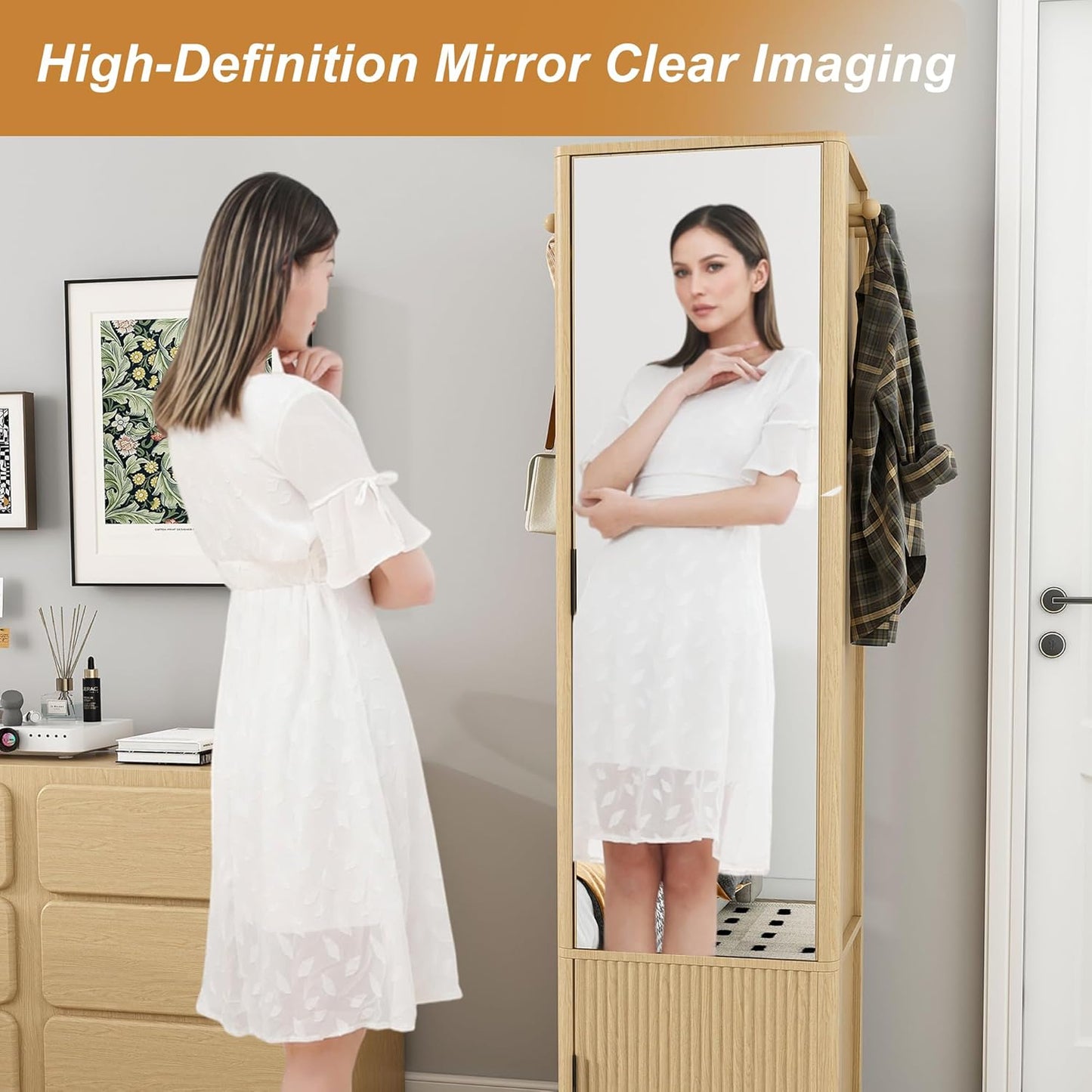 Montary 360° Rotating Makeup & Jewelry Cabinet with Full-Length Mirror - Standing Storage Organizer with Coat Rack, 4-Tier Open & Built-in Shelves, Walnut