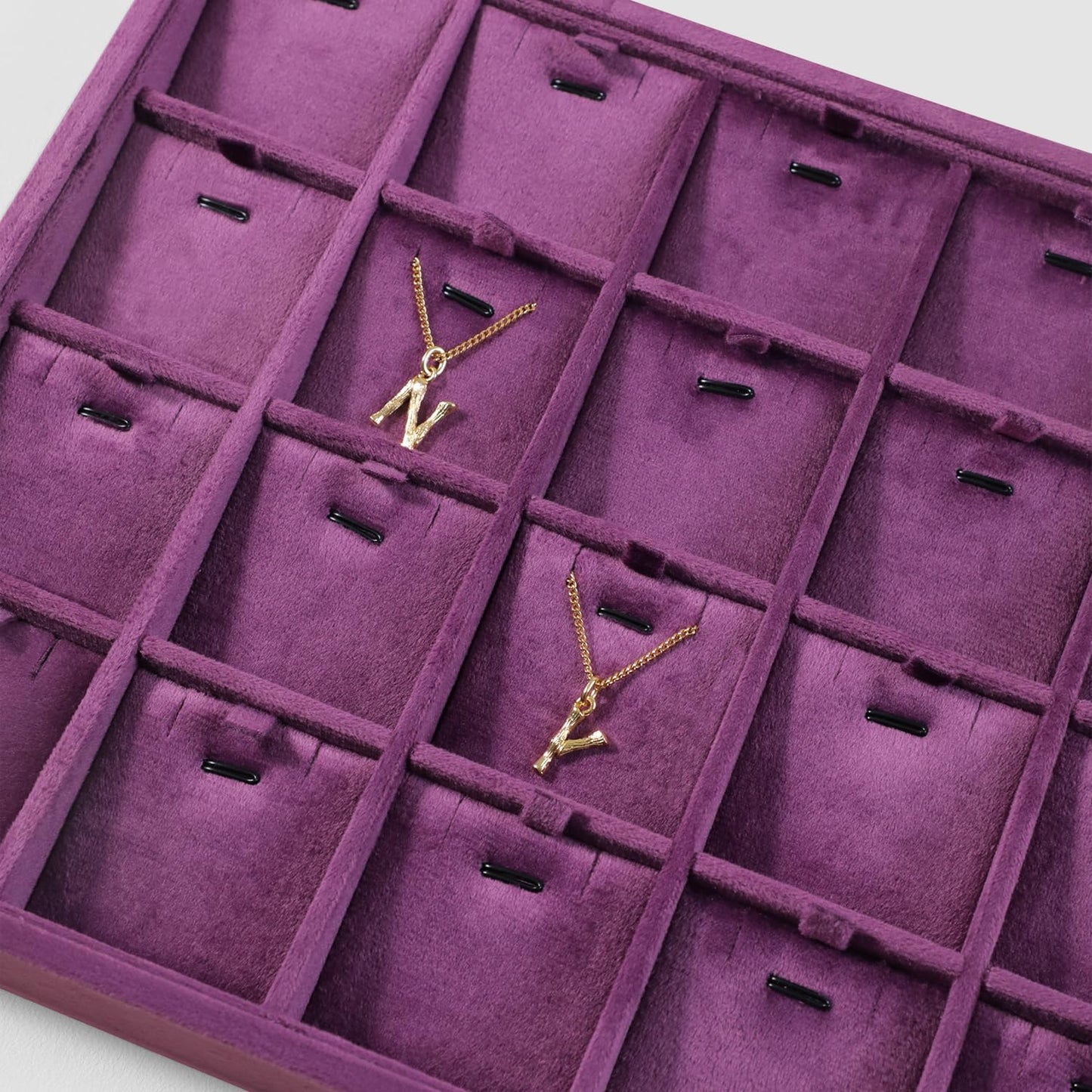 Velvet Necklace Display Tray, Stackable 24 Grid Insert Pendant Necklaces Storage Holder Plate, Jewelry Retail Countertop Organizer (Purple)