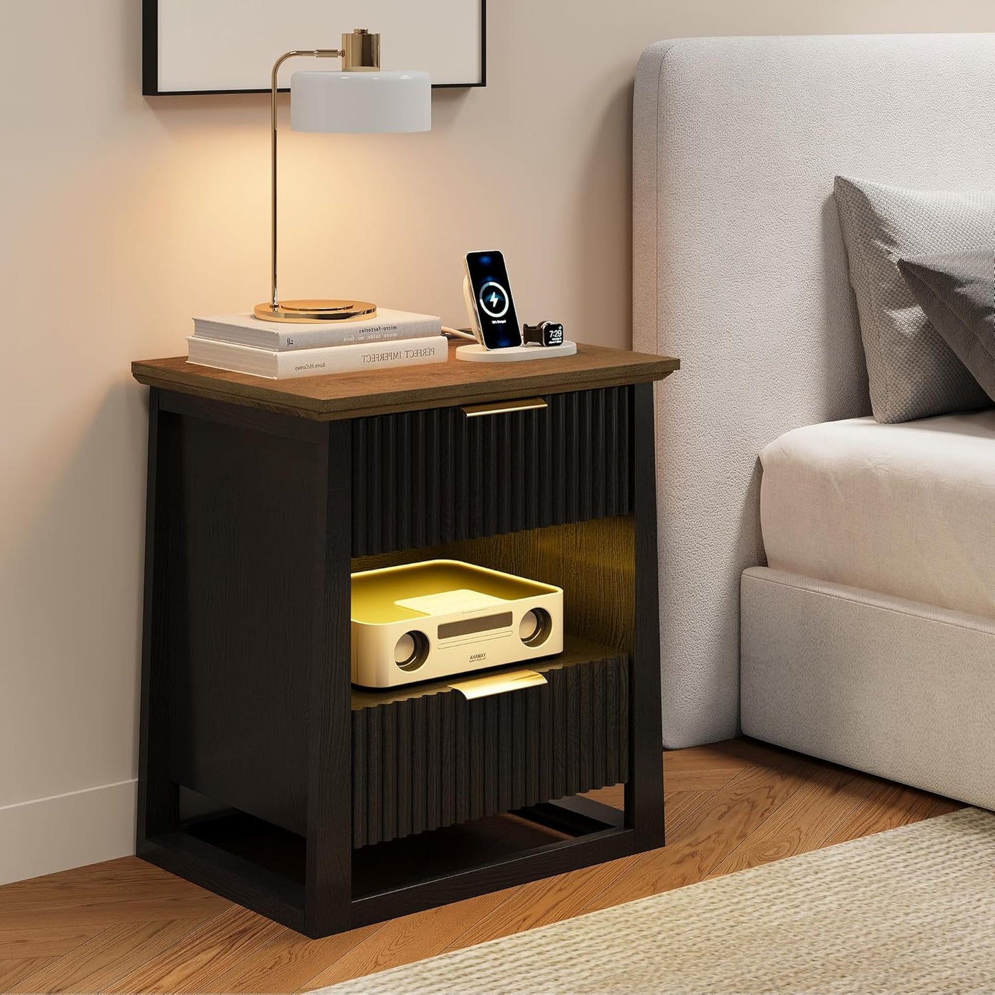 HIFYOBRO Fluted Nightstands with Charging Station & Motion Sensor Light, Modern Bedside Tables with 2 Drawers and Storage Shelf for Bedroom, Black