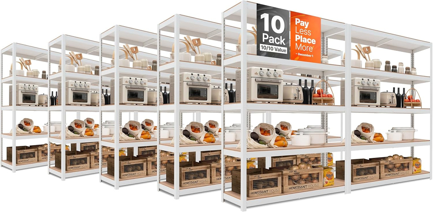 HOMEDANT House Lift-Beam White 48" Wide Boltless Heavy Duty Garage Storage Shelving Adjustable 5-Tier Metal Shelves Laminated Organization Shelf Industrial Utility Rack Pantry Shed Office Store 10Pack