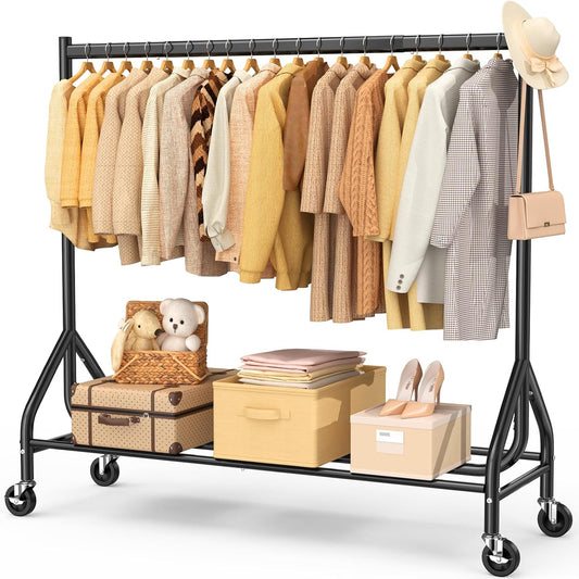 EAGMAK Heavy Duty Clothes Rack Load 420 LBS, Rolling Garment Rack with Lockable Wheels, Standing Metal Clothing Rack, Portable Wardrobe Sturdy Coat Rack for Hanging Clothes (Black, 59″×18.9″×63″)