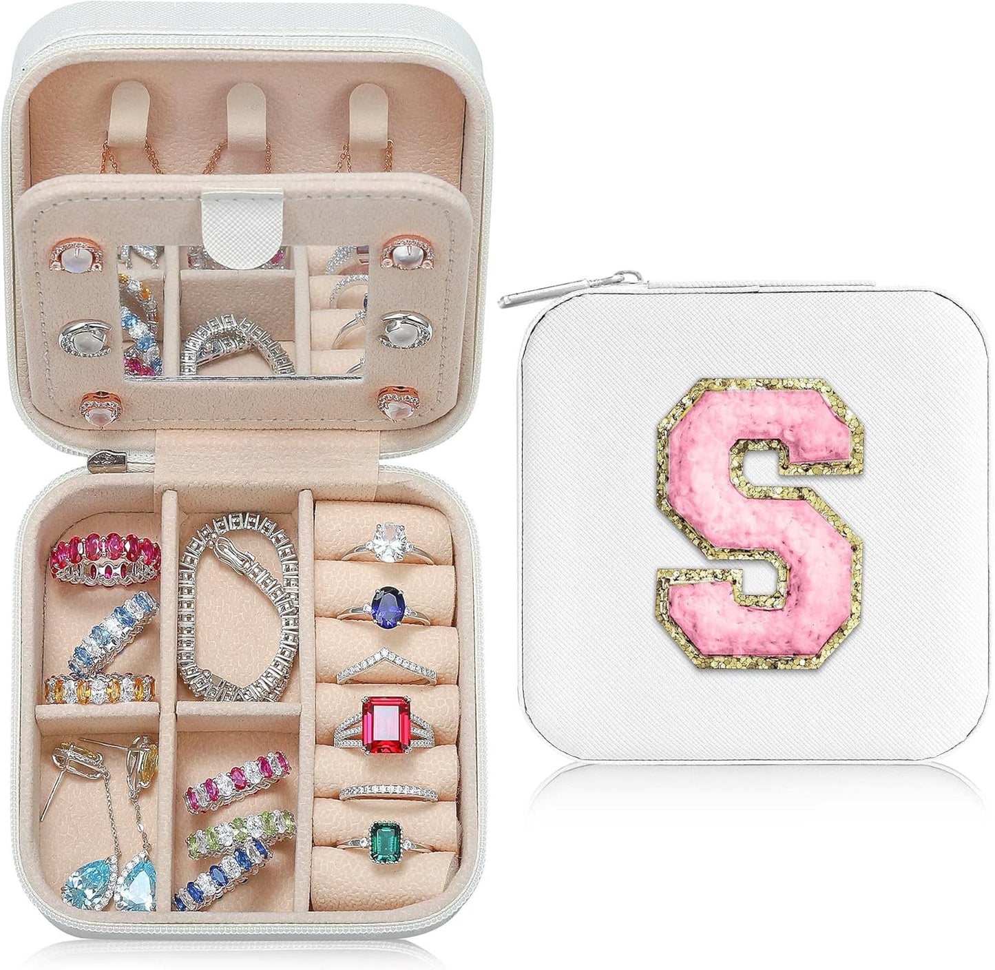 Parima Bridesmaid Gifts for Wedding Day, Bridesmaid Gifts for Women | Bridesmaid Proposal Gifts Unique Gifts | Wedding Travel Essentials Small Jewelry Box | Travel Jewelry Case - Letter S, White