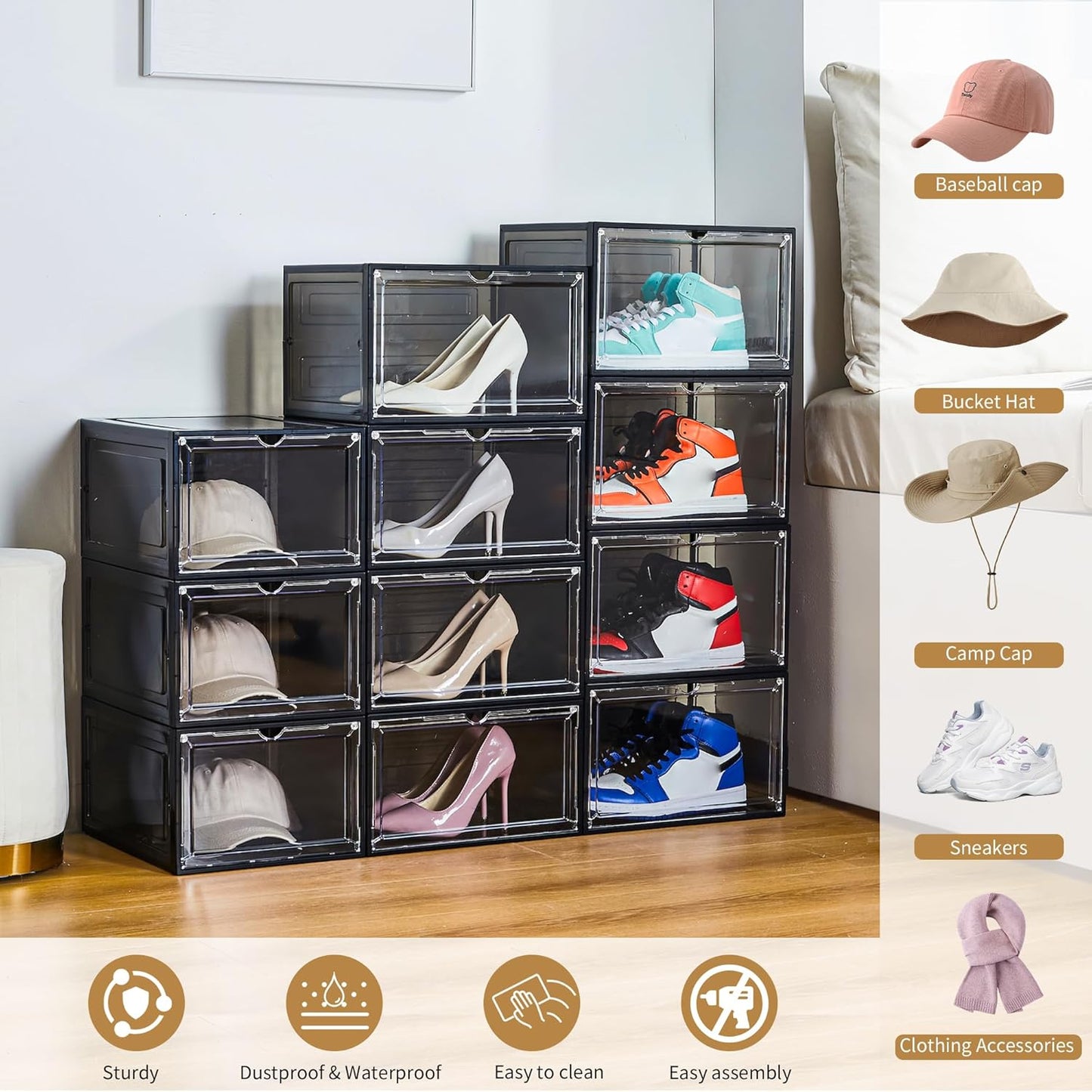 Hat Organizer for Baseball Caps,set of 6, Transparent Storage Box Hat Holder With Clear Magnetic Door, Stackable Rack, Easy to Assemble Stylish Display(13.5 "x 10.6" x 7.5 ")