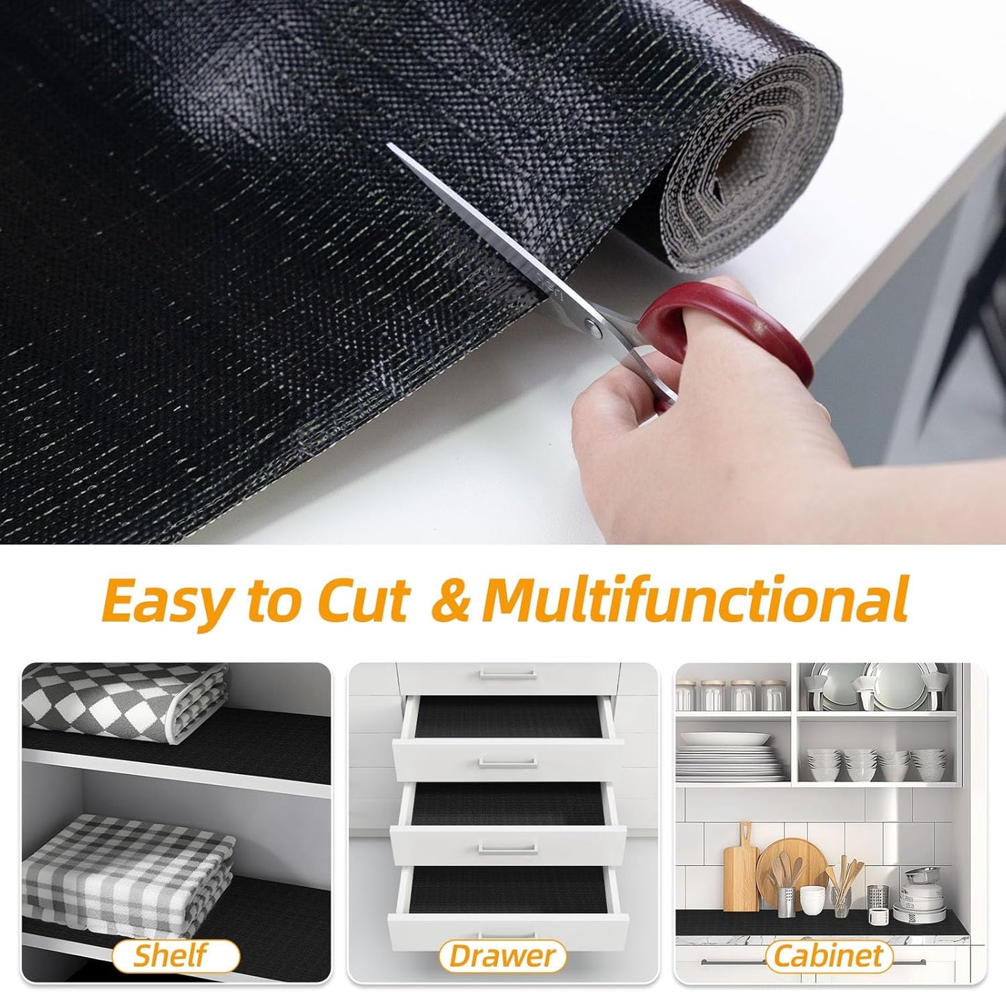 Shelf and Drawer Liner for Kitchen Cabinets Non-Adhesive, Strong Grip Non-Slip Thickened Cabinet Liners for Shelves, Waterproof Mats for Dresser Cupboard, Black, 17 in x 20 Feet