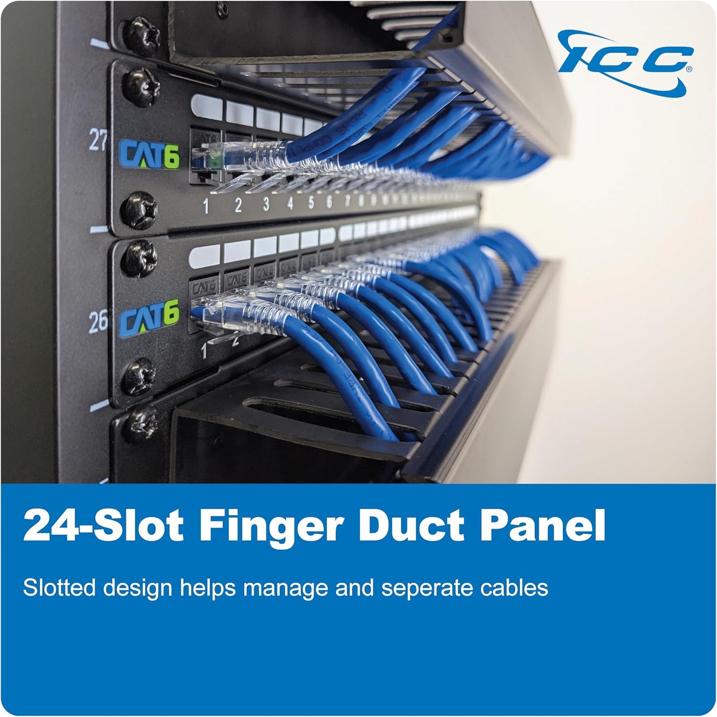 ICC 1U Finger Duct Cable Manager Panel with Cover, Plastic with Metal Back Frame, 3" Depth, Horizontal Cable Management, Rackmount for 19” Network Racks, Black, Single Pack