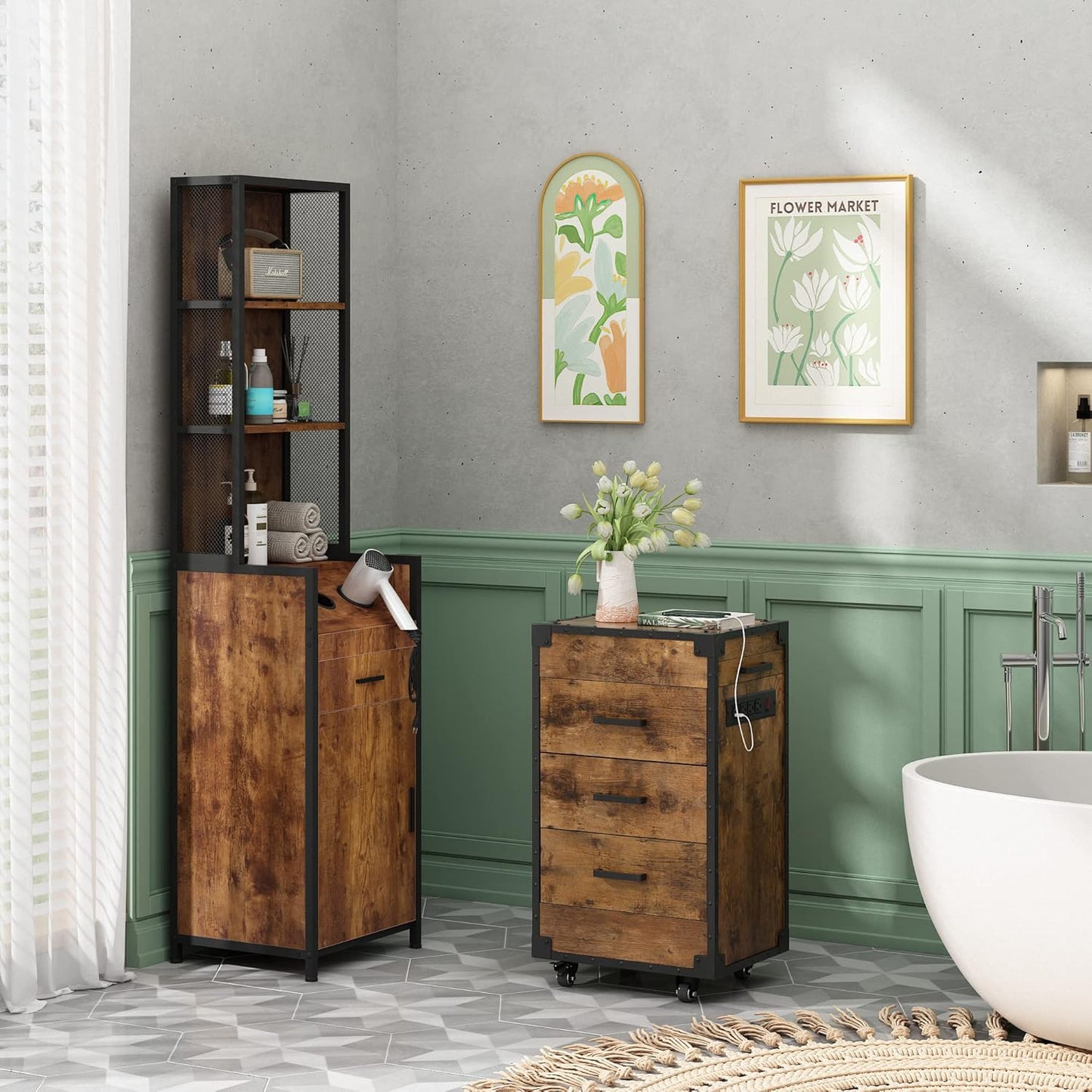 Industrial Style Hair Salon Station, Beauty Equipment Station for Hair Stylists, Spas & Barbers, Storage Cabinet with 3 Hair Dryer Holes and Lockable Drawers, Rustic Brown