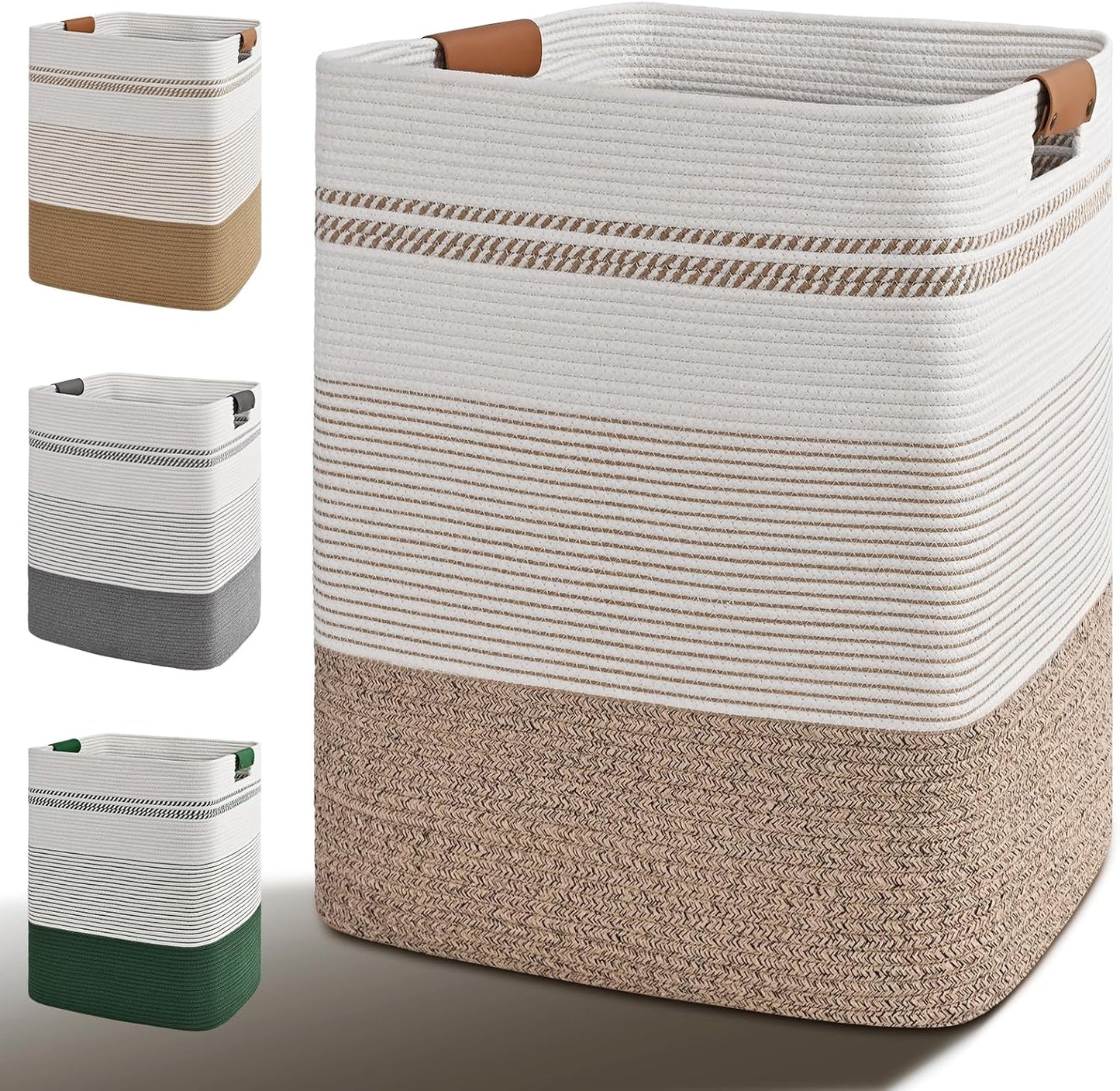 Laundry Hamper, 95L Tall Laundry Basket with Leather Handles, Rectangle Large Clothes Hamper for Organizing, Cotton Woven Laundry Baskets Storage Hampers for Bedroom, Nursery, Living Room
