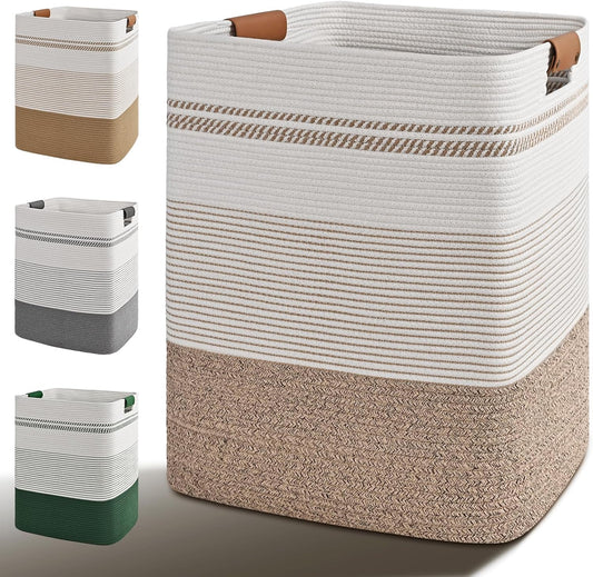 Laundry Hamper, 95L Tall Laundry Basket with Leather Handles, Rectangle Large Clothes Hamper for Organizing, Cotton Woven Laundry Baskets Storage Hampers for Bedroom, Nursery, Living Room