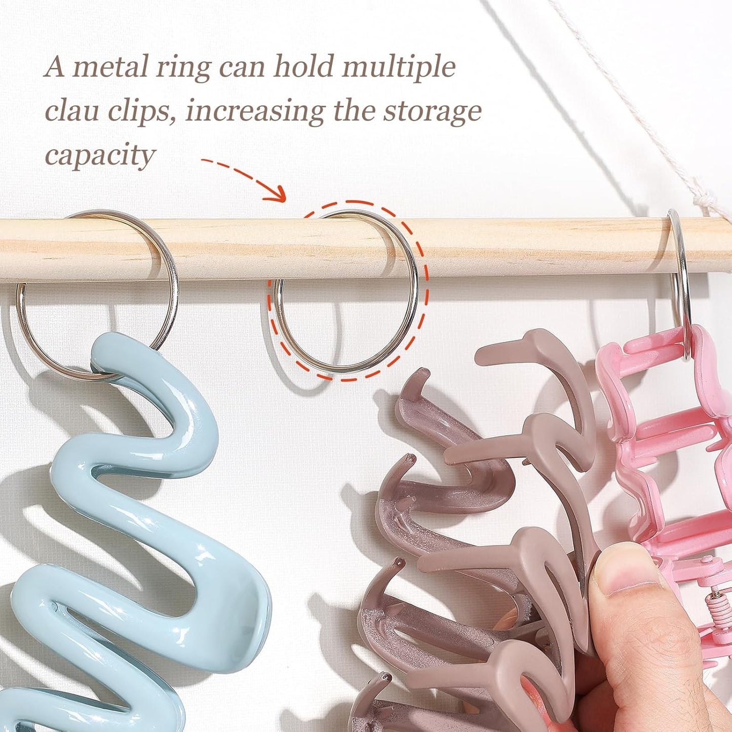 SNOWSTAR Macrame Hair Claw Clip Organizer with10 Metal Rings,Hanging Hair Clip Holder and Storage for Women Girls,Claw Clips Hanger Home Decor for Wall,Door,Closet