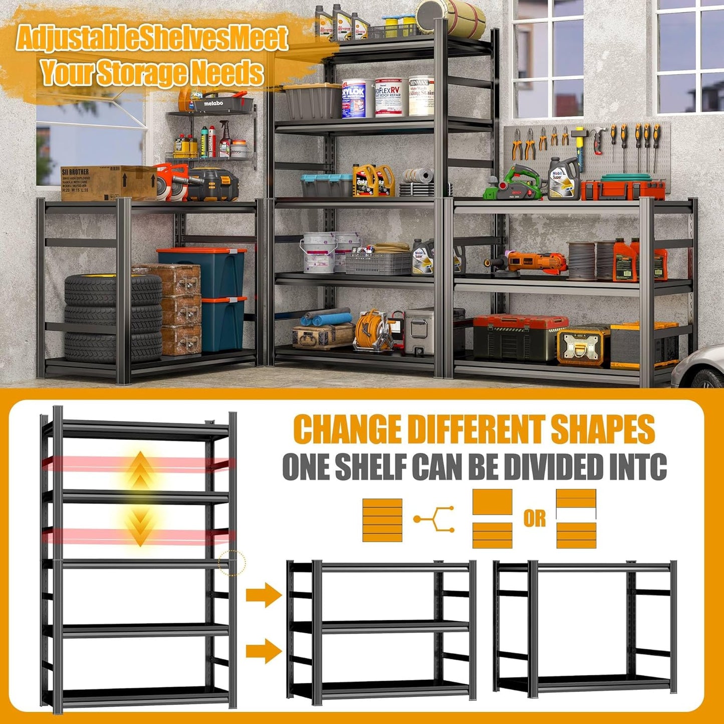Storage Shelves, Garage Metal Shelving Unit, Adjustable, Double-Layer Column with Reinforced Ribs, Heavy-Duty, Capable of Bearing 600-3600 lbs (Black, 82 * 39 * 18, 6-Tier)