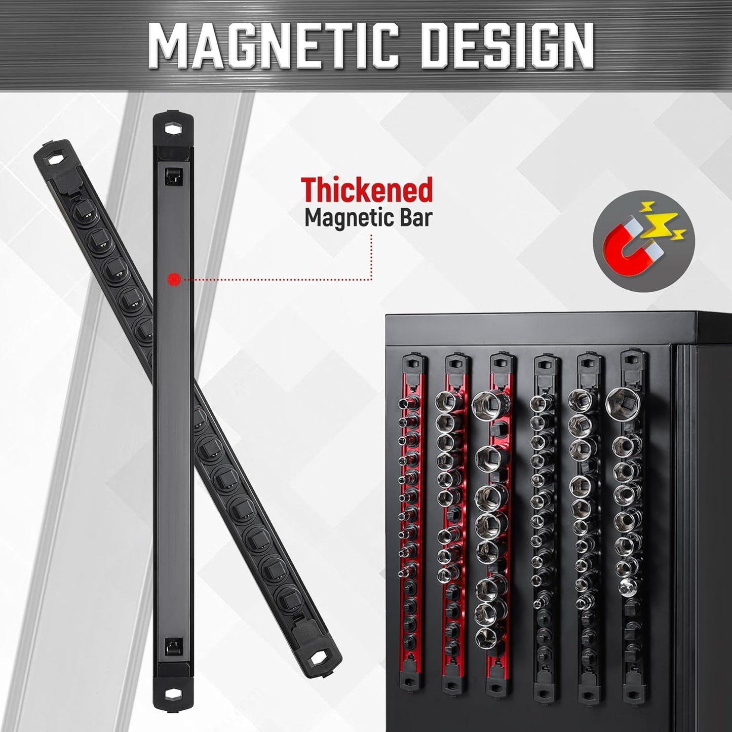 ALOANES 6-Piece Magnetic Socket Organizer, Heavy Duty Aluminum Rails With 360 Swivel Clips Holder Kit for Tool Box, 1/2, 3/8, 1/4-Inch x 80 Clips (Red&Black)