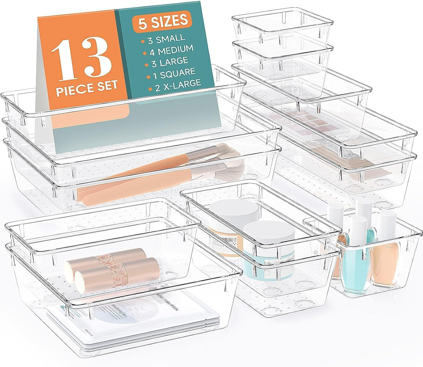 13 PCS Drawer Organizer Set, 5 Varied Size Bathroom and kitchen Drawer cabinet organizer Trays, Clear Storage Bins for Makeup, Jewelry, Utensils and Gadgets