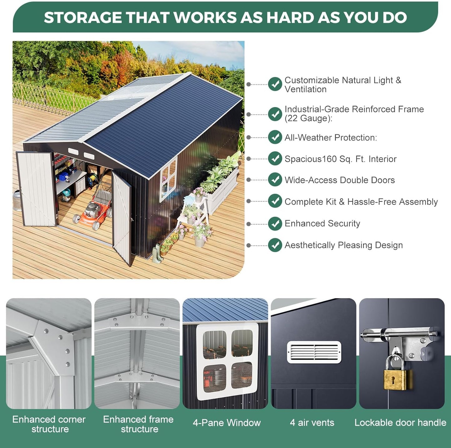 Metal Shed 10x16 FT Big with Heavy-Duty Reinforced Steel Frame and Customizable Skylight, Lockable Doors, 4-Pane Windows,Large Outdoor Storage for Garden, Tools, and Utility