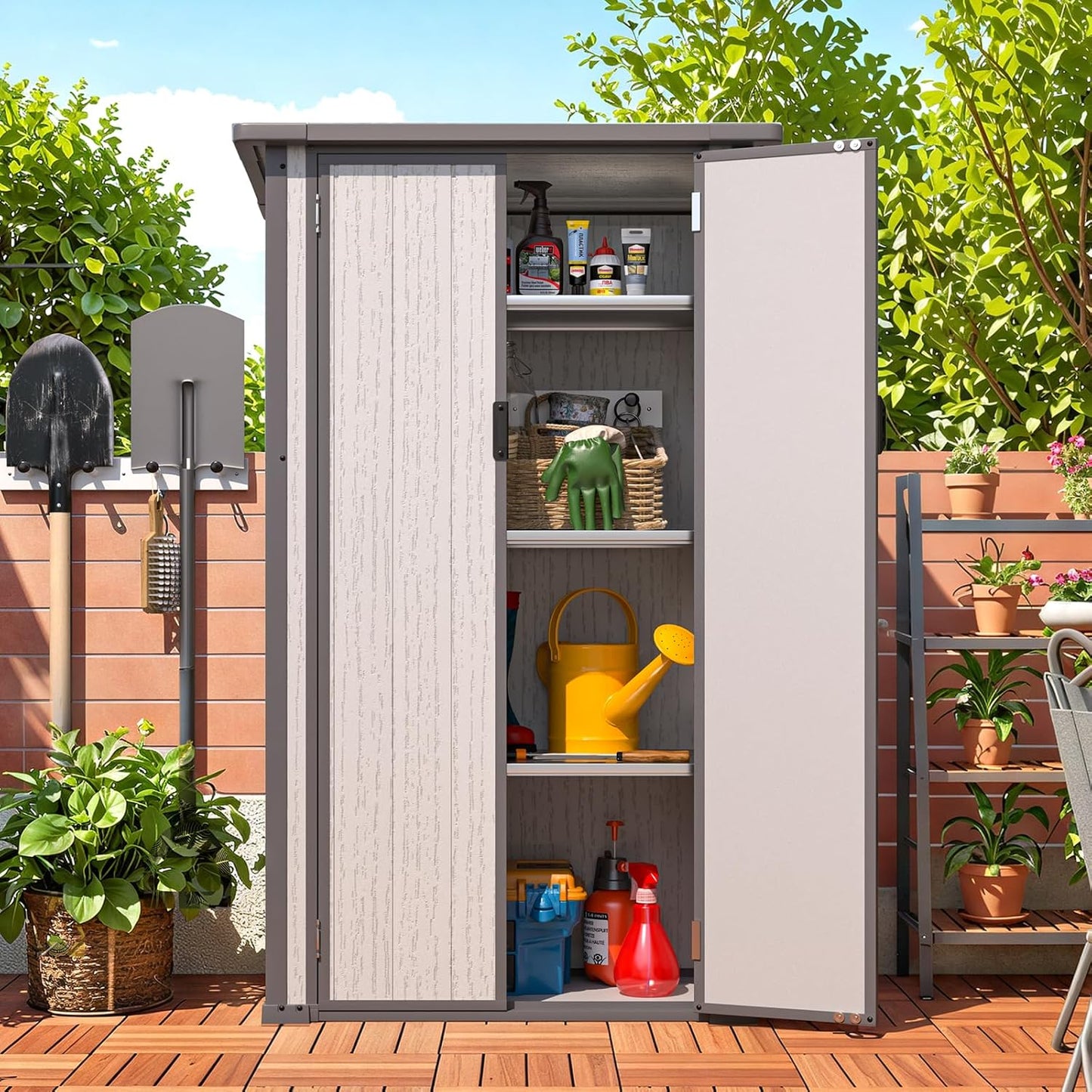 U-MAX Resin Outdoor Storage Cabinet Waterproof with Adjustable Shelves, Vertical Tall Plastic Storage Shed with Reinforced Floor, All Weather Sheds & Outdoor Storage Clearance with Base for Outside