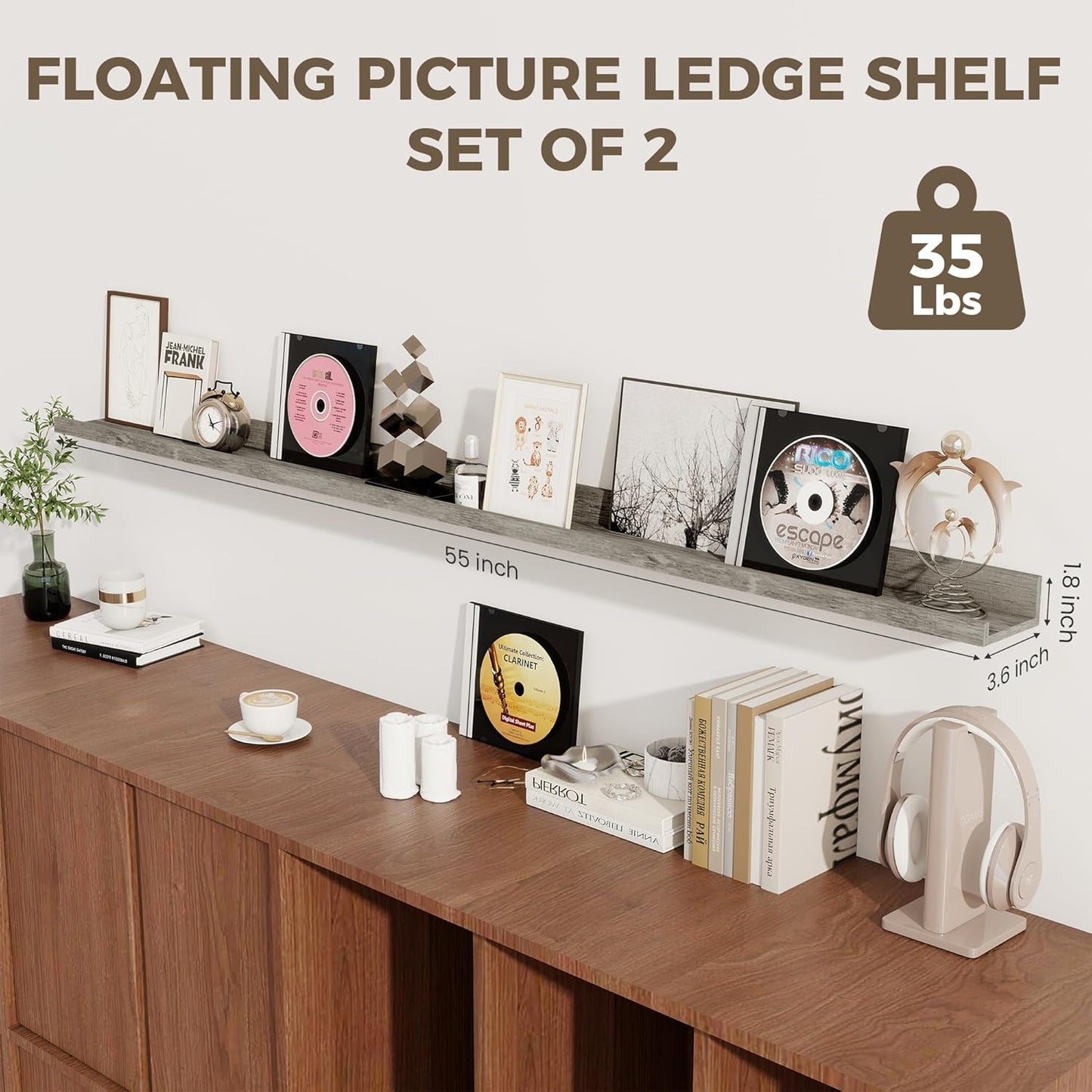 Axeman Grey Floating Shelves - 55 Inch Picture Ledge Shelf Set of 2 - Rustic Grey Wall Shelves with Lip - Picture Shelf for Wall with Ledge - Photo Ledge Shelves for Pictures Nursery Books