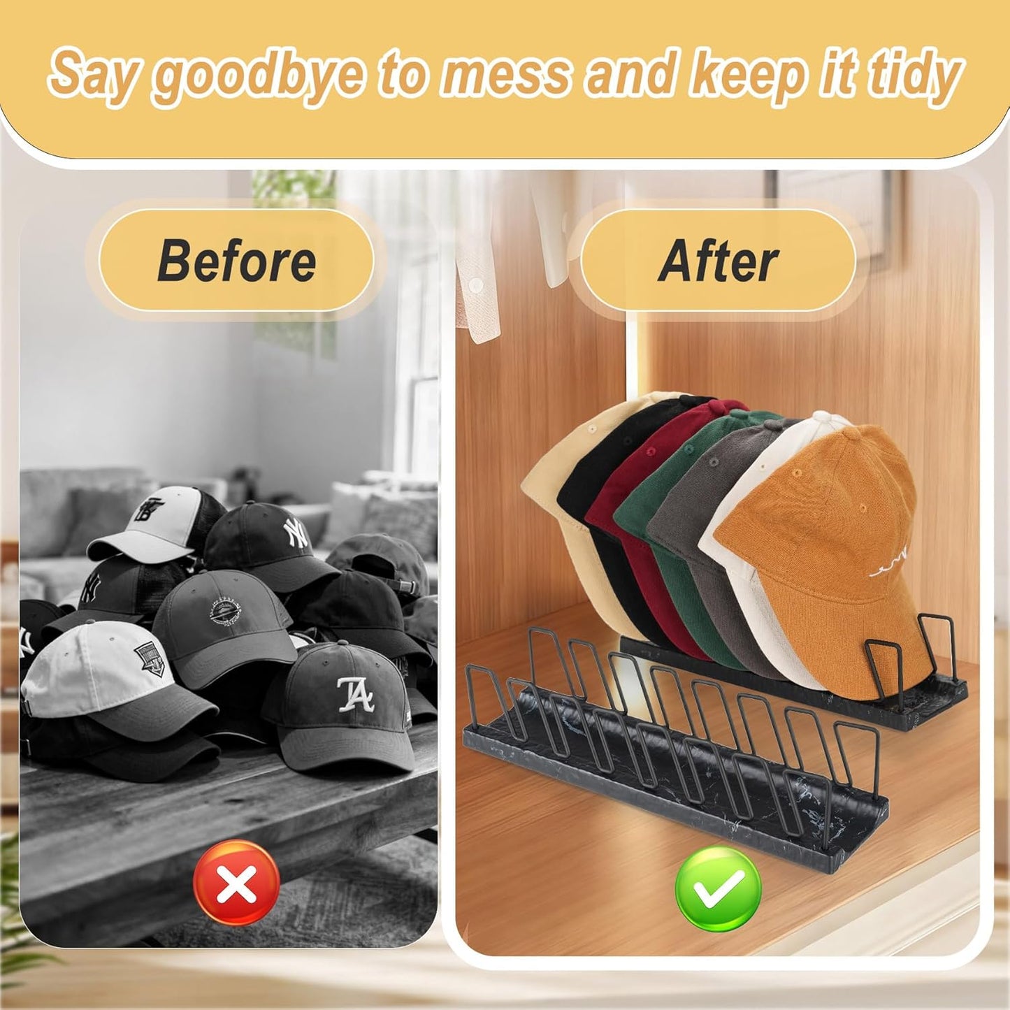 Hat Organizer for Baseball Caps - 7 Cap Organizer & Holder, Anti-Tip Metal Hat Rack & Display Stand, Quick-Install Hat Storage for Closet, Bedroom, Vanity (Black Marble Pattern, 1 Pack)